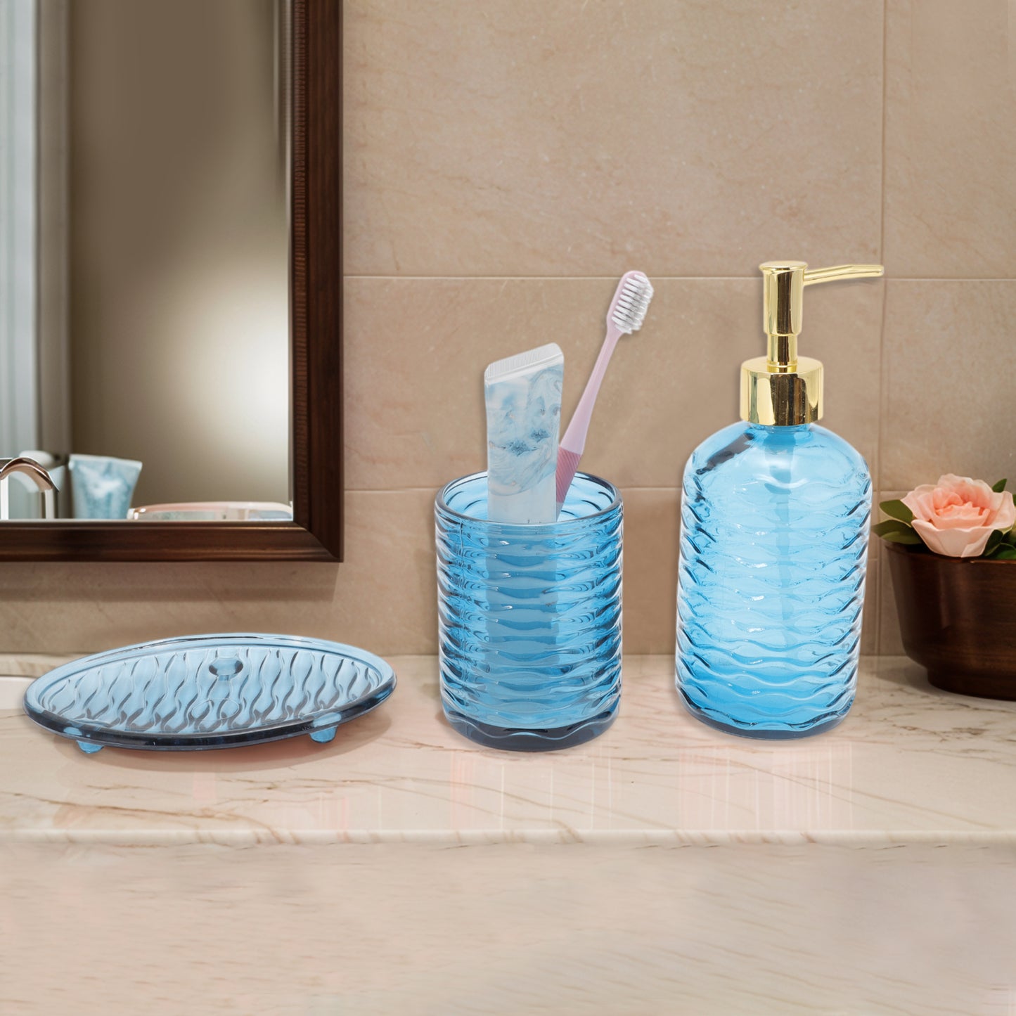 4 Pcs Set Reusable Waves Bathroom Accessories Kit Blue