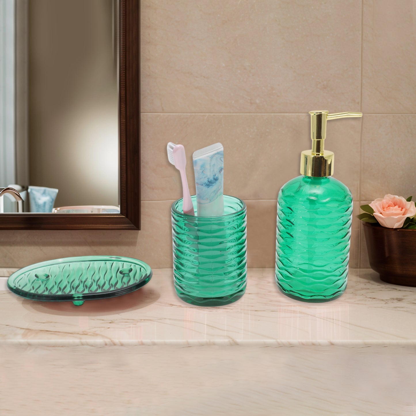 4 Pcs Set Reusable Waves Bathroom Accessories Kit Green