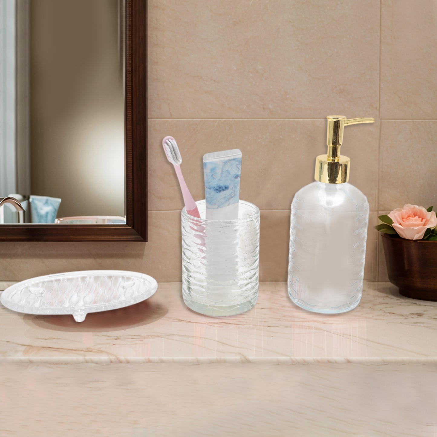 4 Pcs Set Reusable Waves Bathroom Accessories Kit Clear