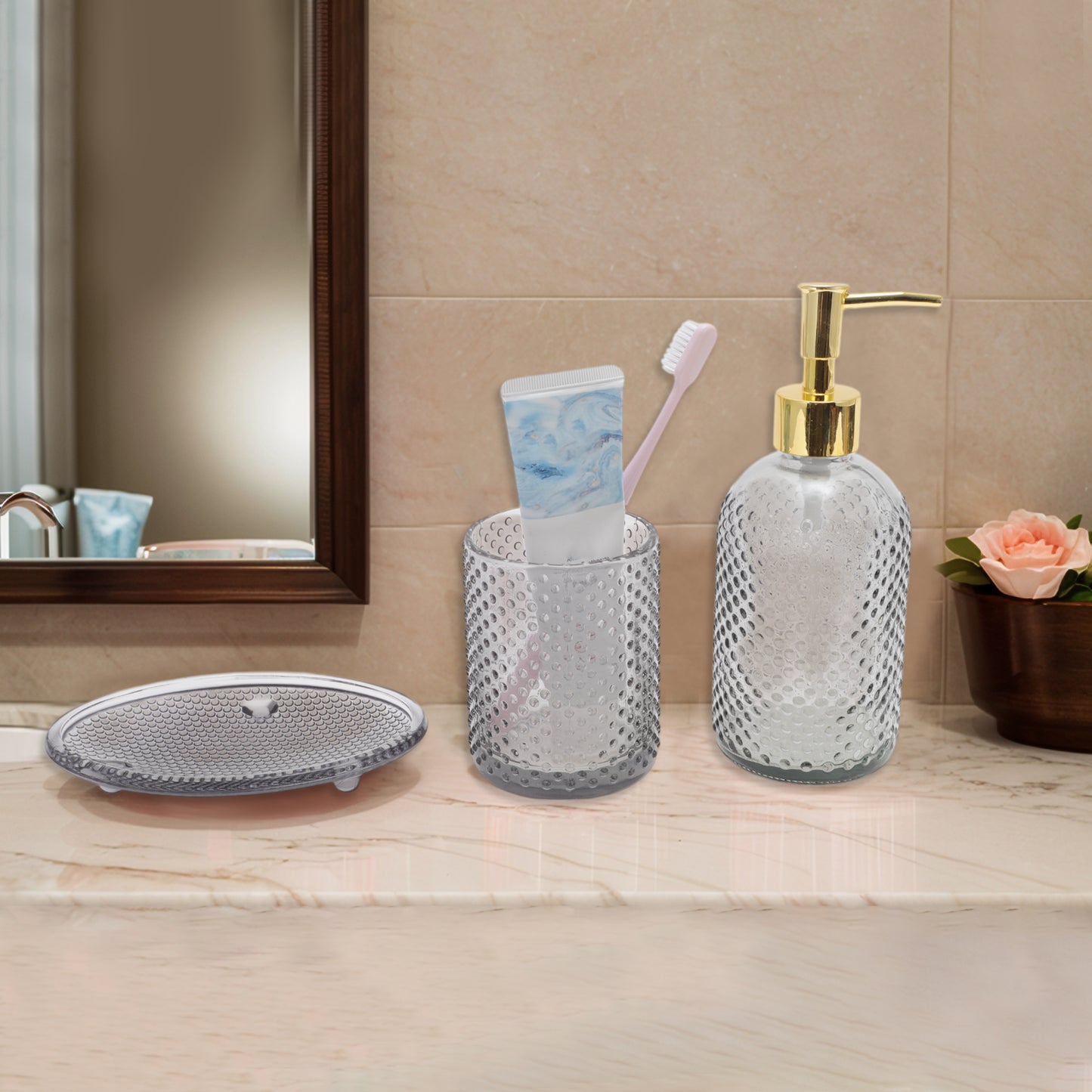 3 Pcs Set of Simple Reusable Dots Bathroom Accessories Kit Black