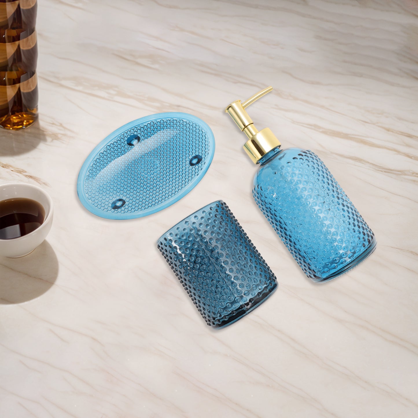 3 Pcs Set of Simple Reusable Dots Bathroom Accessories Kit Blue