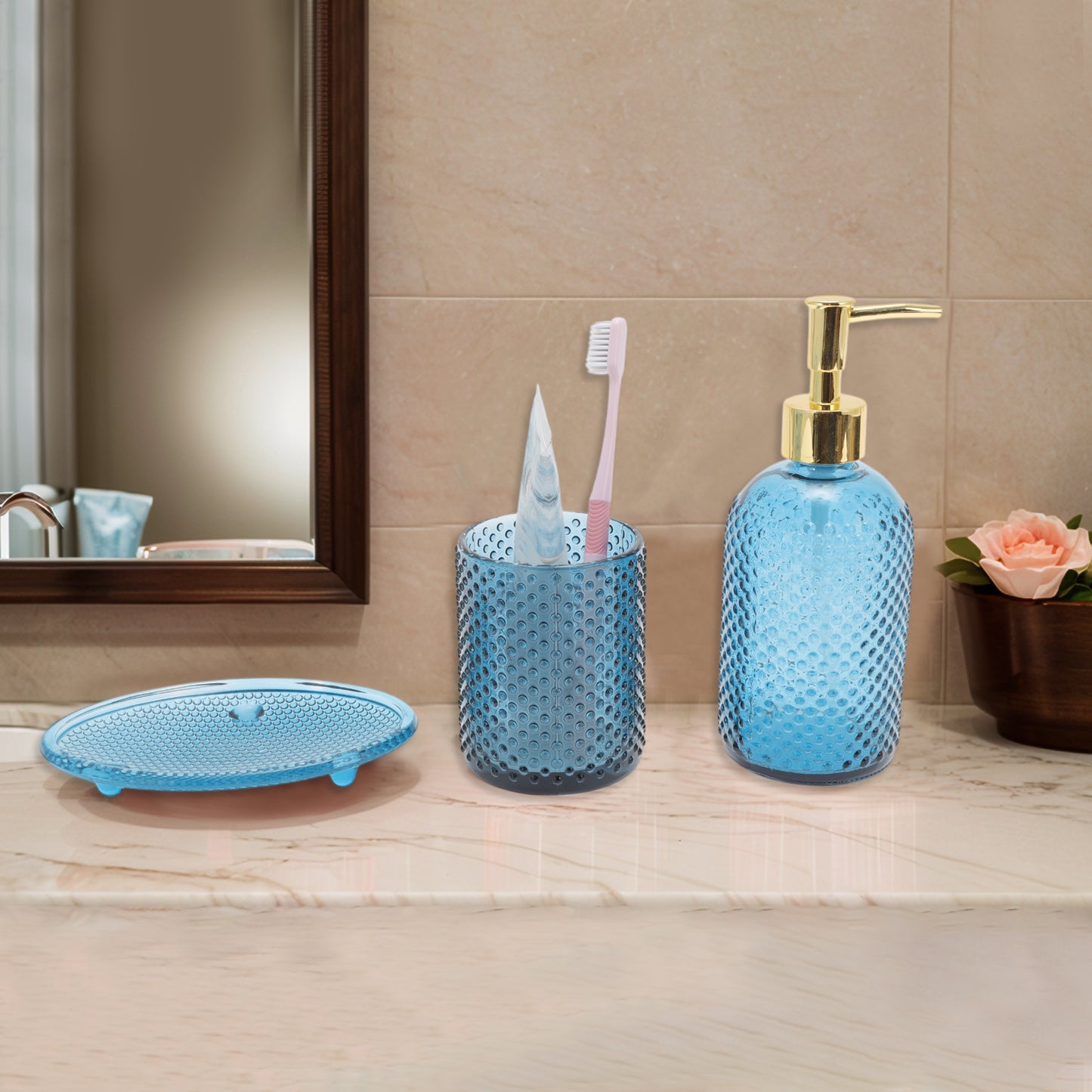 3 Pcs Set of Simple Reusable Dots Bathroom Accessories Kit Blue