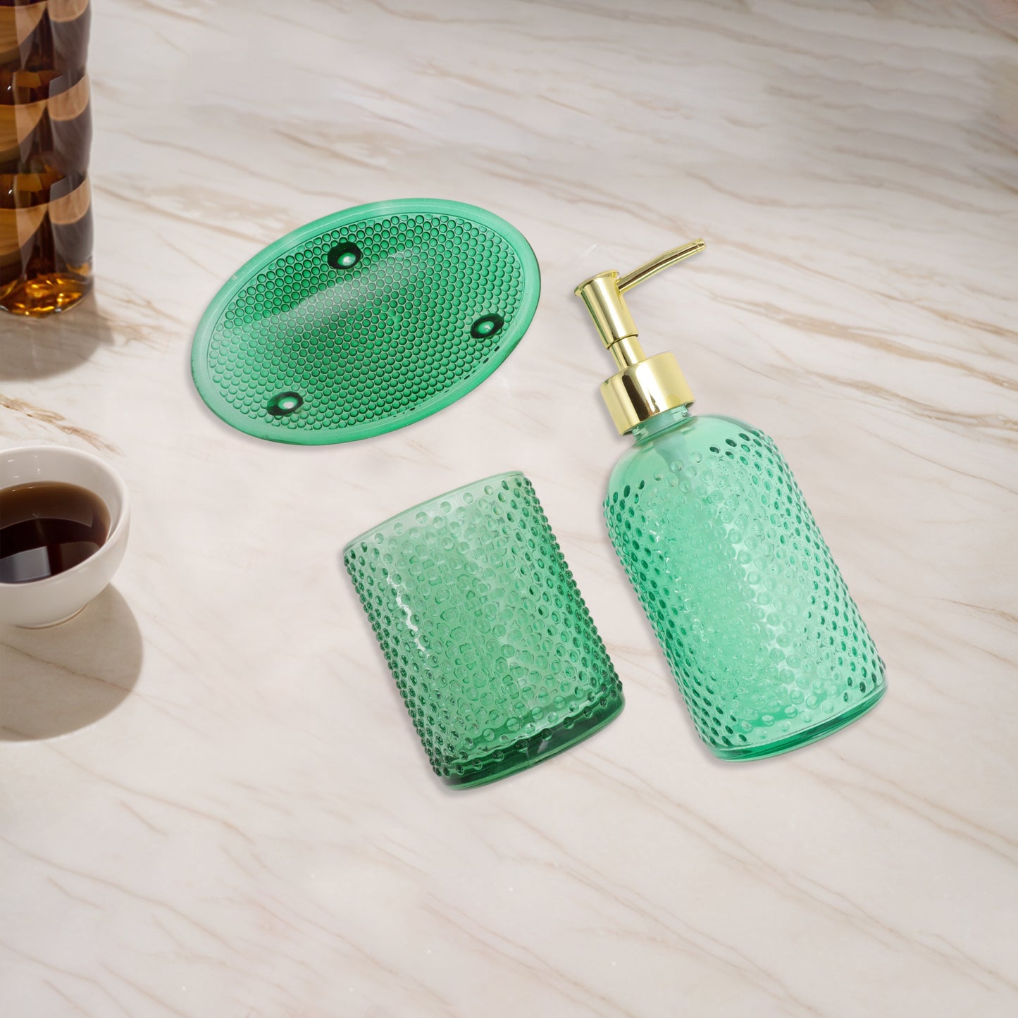 3 Pcs Set of Simple Reusable Dots Bathroom Accessories Kit Green