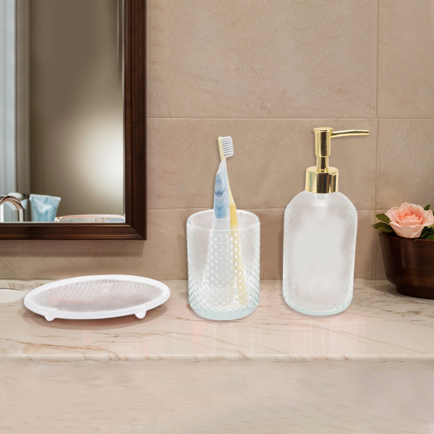 3 Pcs Set of Simple Reusable Dots Bathroom Accessories Kit Clear