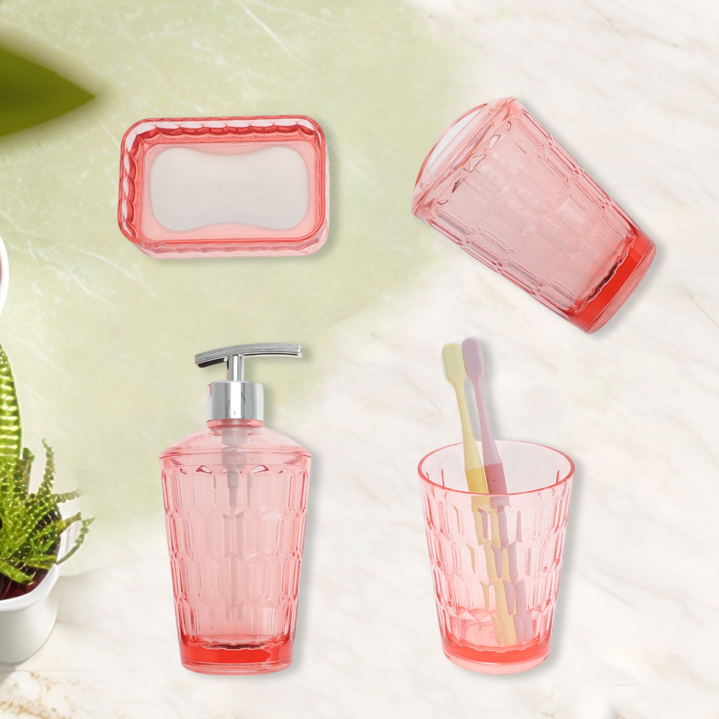 4 Pcs Set Transparent Bathroom Accessories Kit for Home Pink