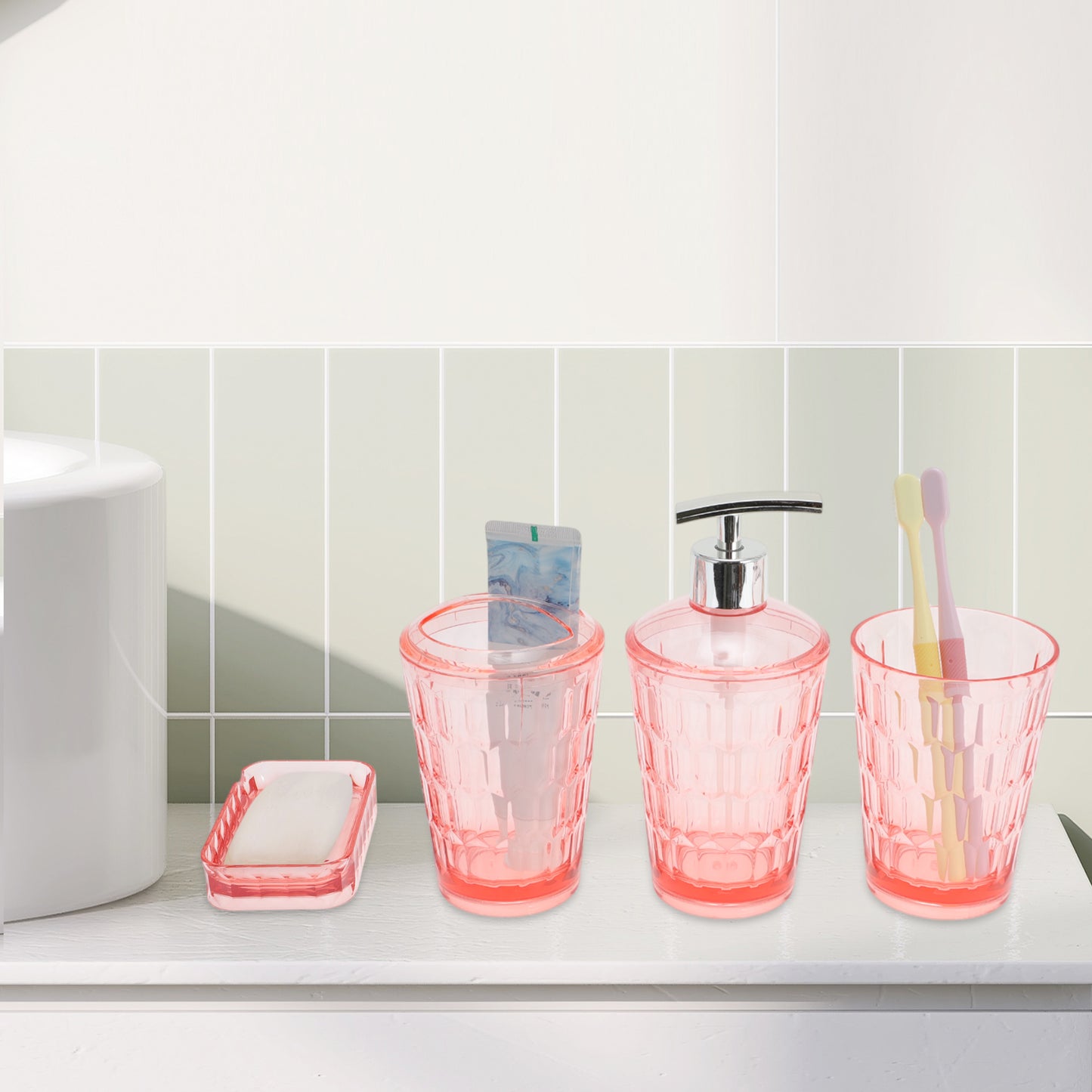 4 Pcs Set Transparent Bathroom Accessories Kit for Home Pink