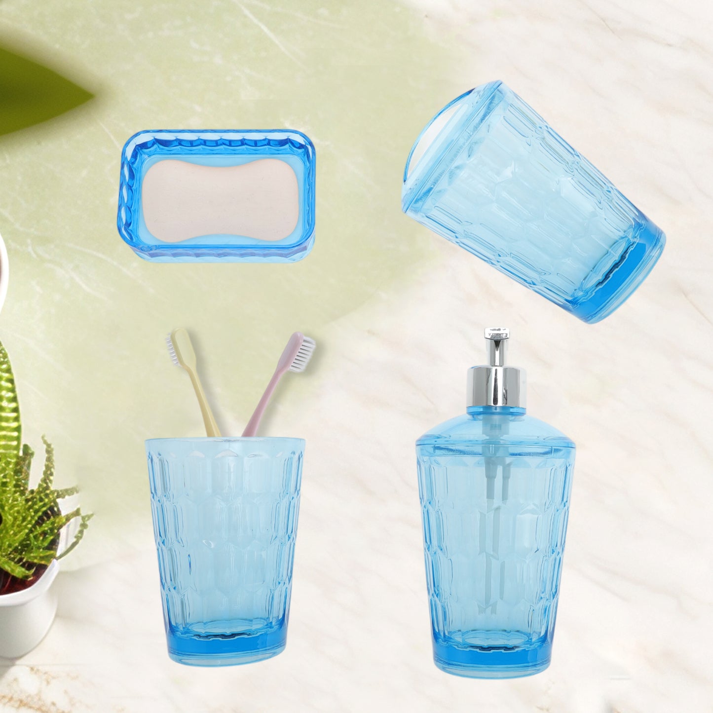 4 Pcs Set Transparent Bathroom Accessories Kit for Home Blue