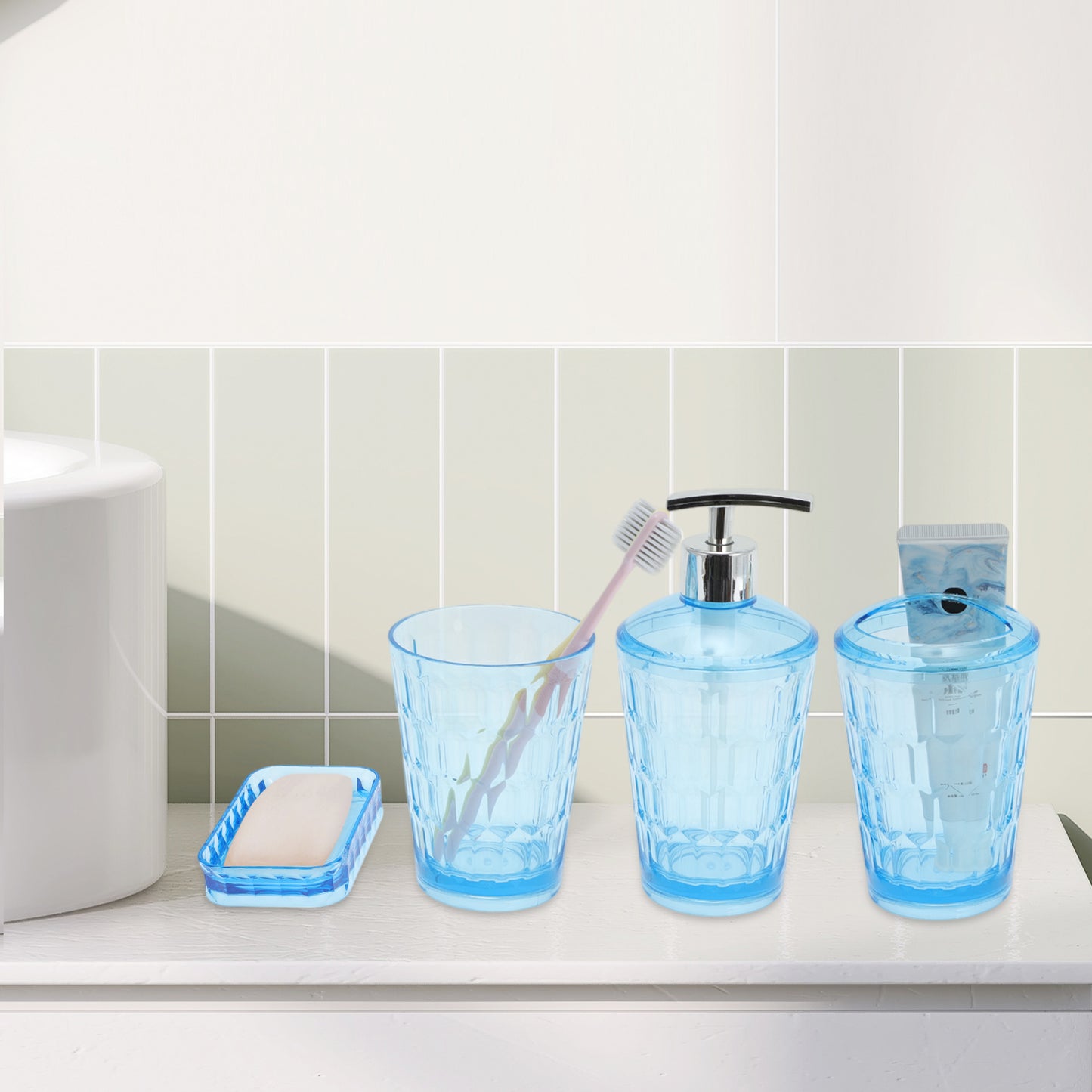 4 Pcs Set Transparent Bathroom Accessories Kit for Home Blue