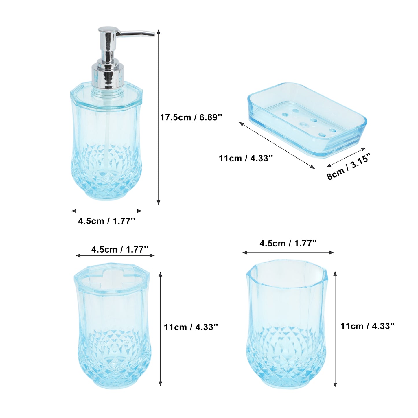 4 Pcs Set Durable Clear Bathroom Accessories Kit for Home Transparent Blue