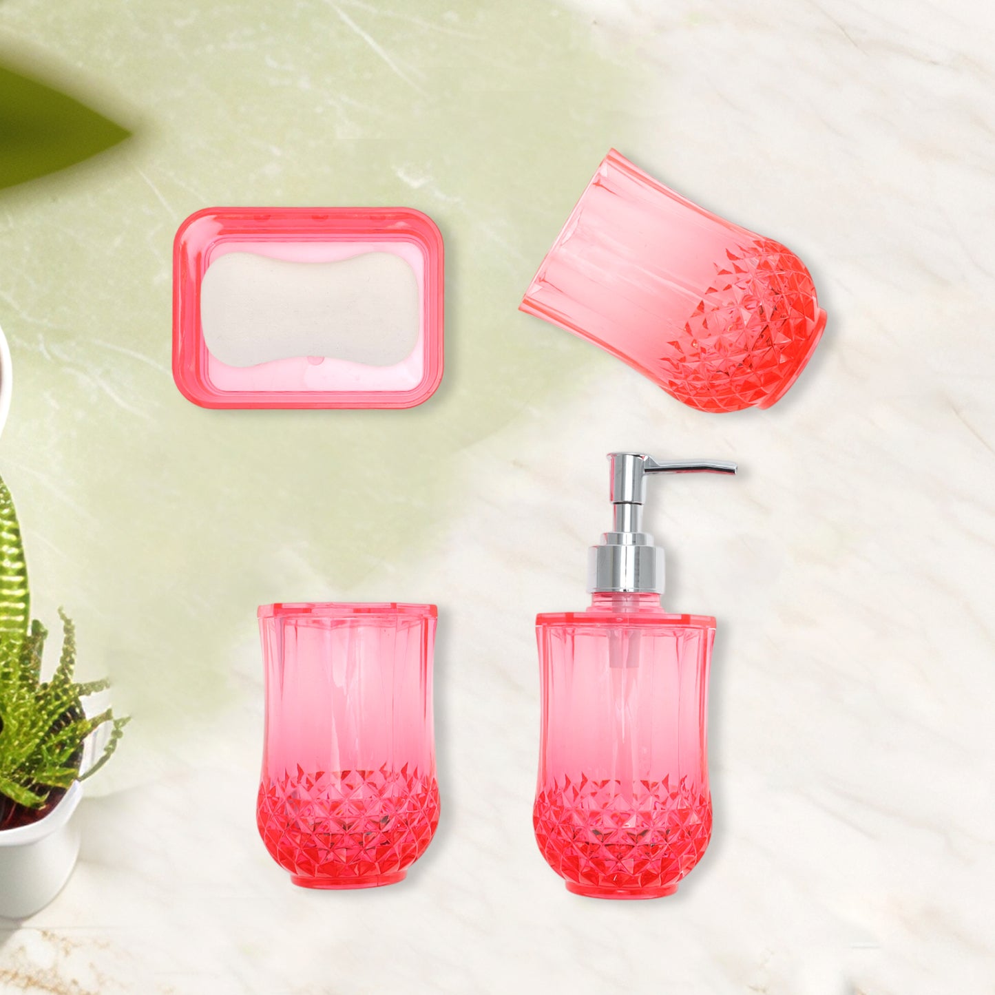 4 Pcs Set Durable Clear Bathroom Accessories Kit for Home Transparent Red