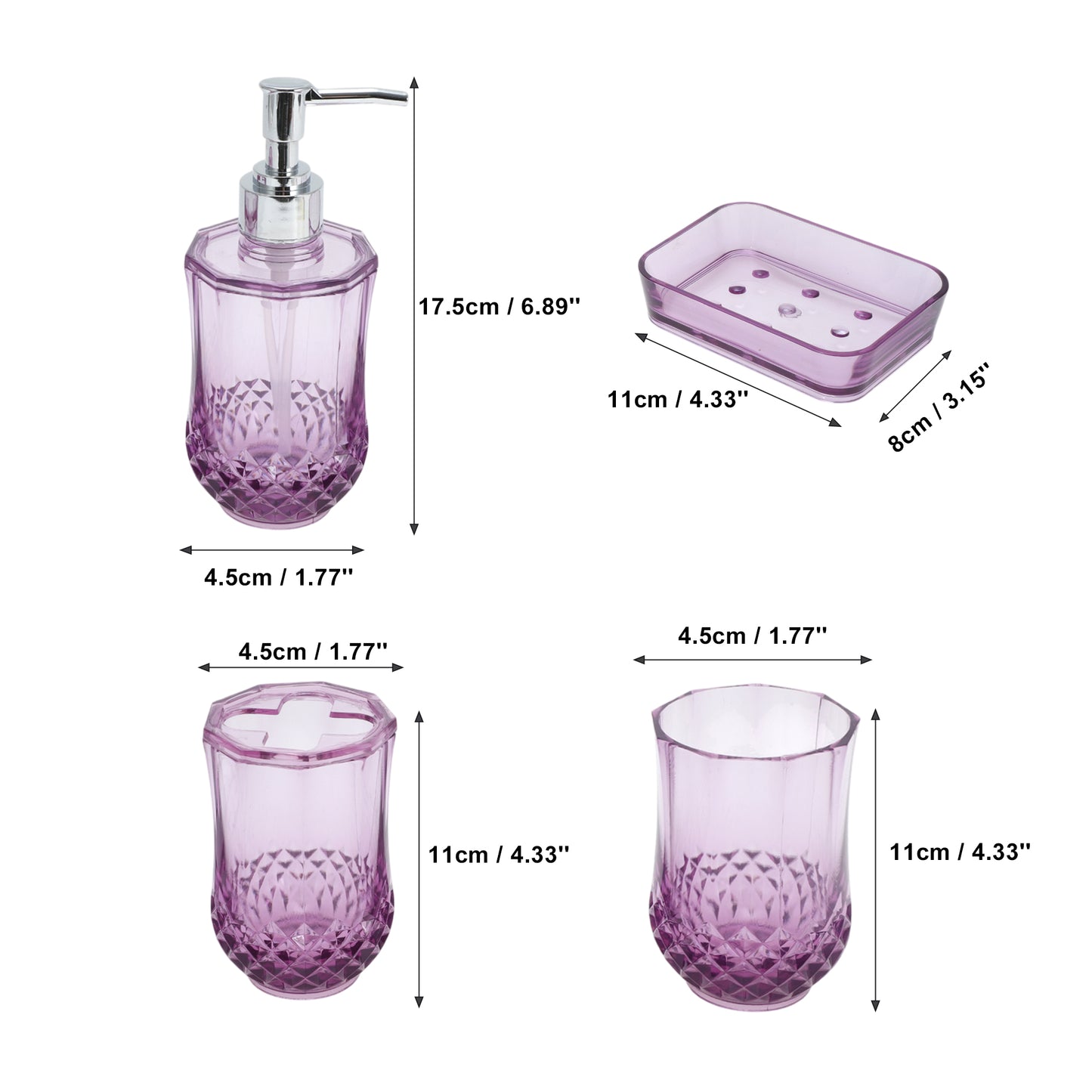 4 Pcs Set Durable Clear Bathroom Accessories Kit for Home Transparent Purple