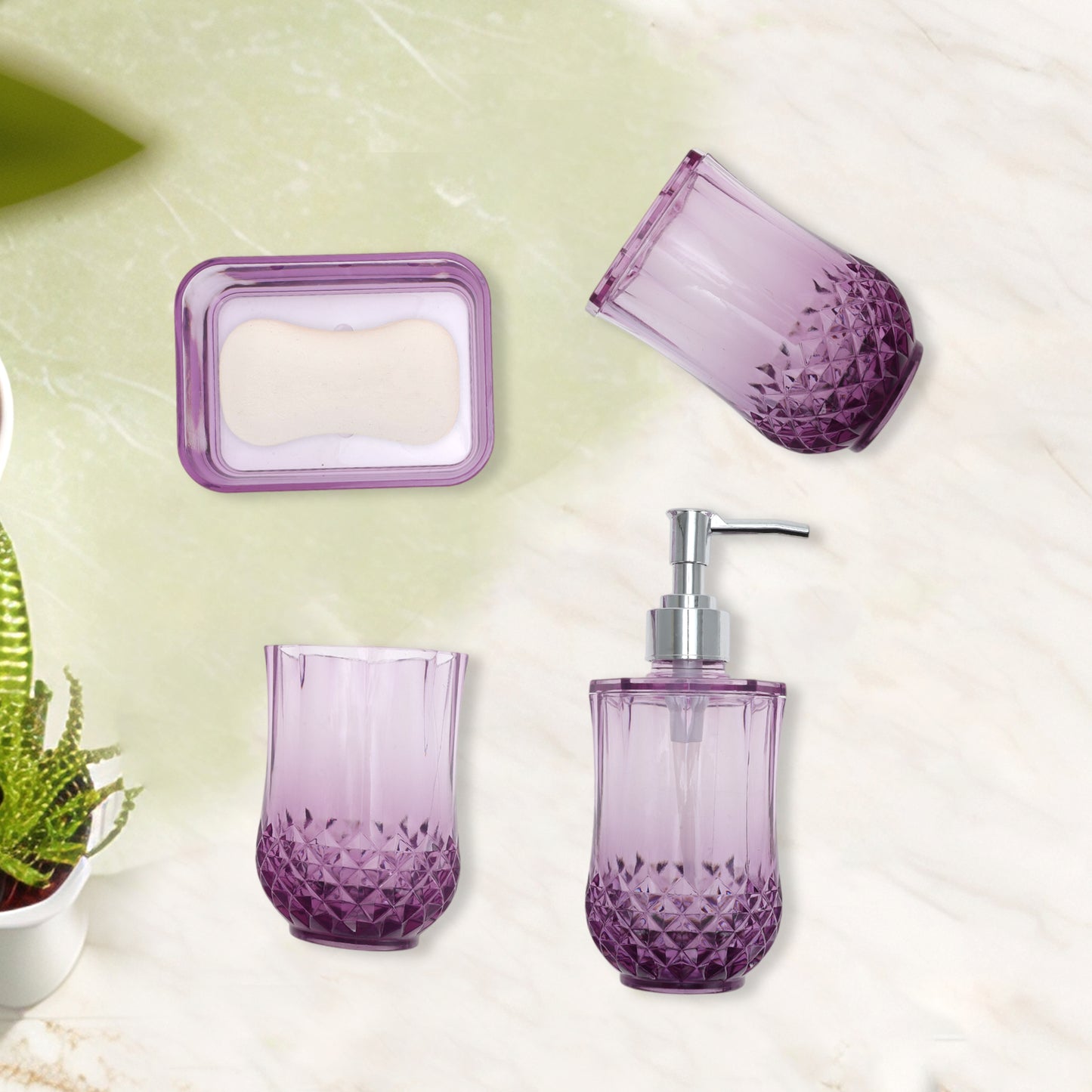 4 Pcs Set Durable Clear Bathroom Accessories Kit for Home Transparent Purple