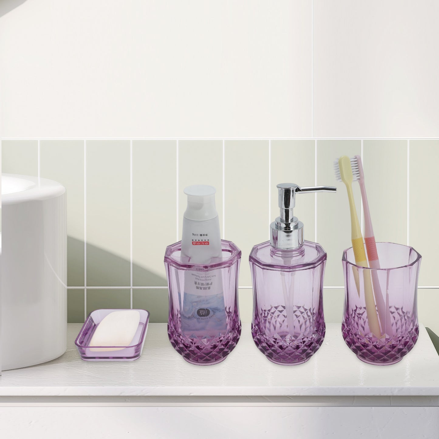 4 Pcs Set Durable Clear Bathroom Accessories Kit for Home Transparent Purple