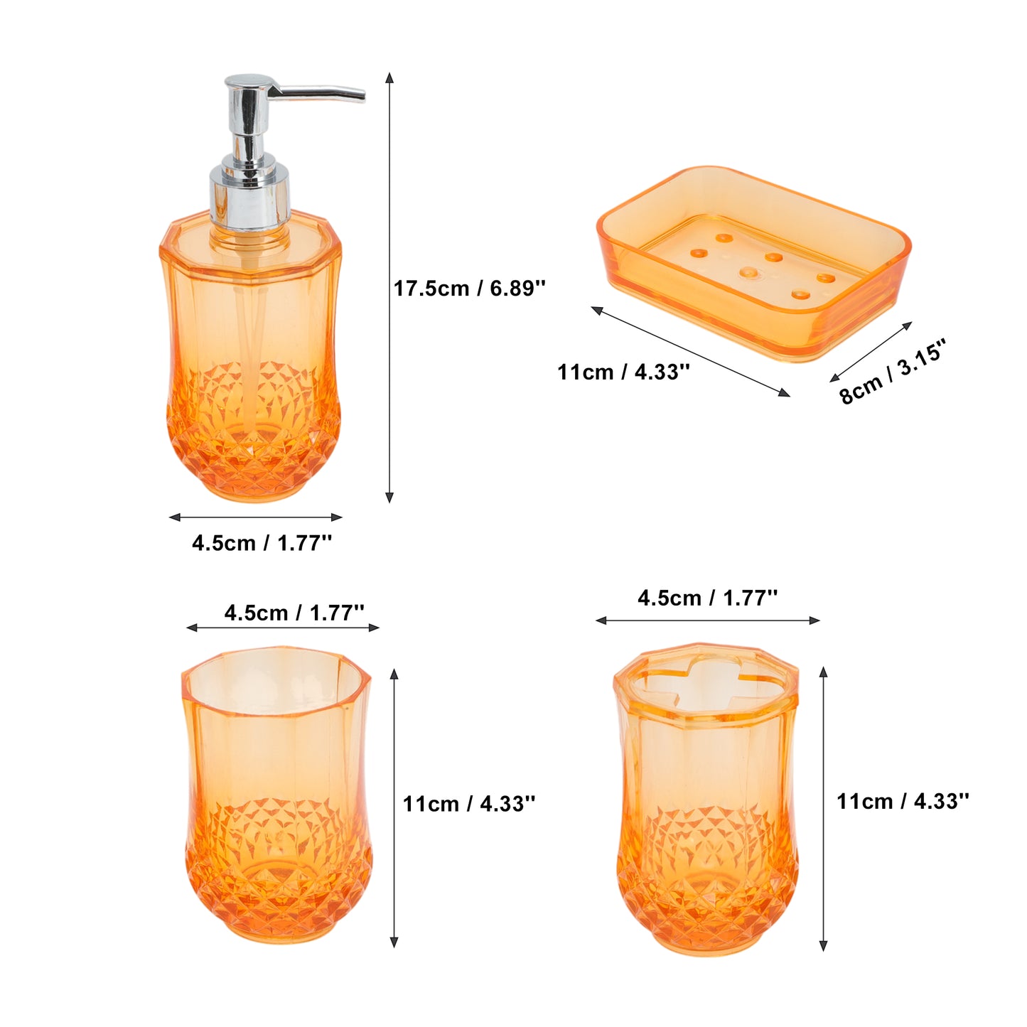 4 Pcs Set Durable Clear Bathroom Accessories Kit for Home Transparent Orange