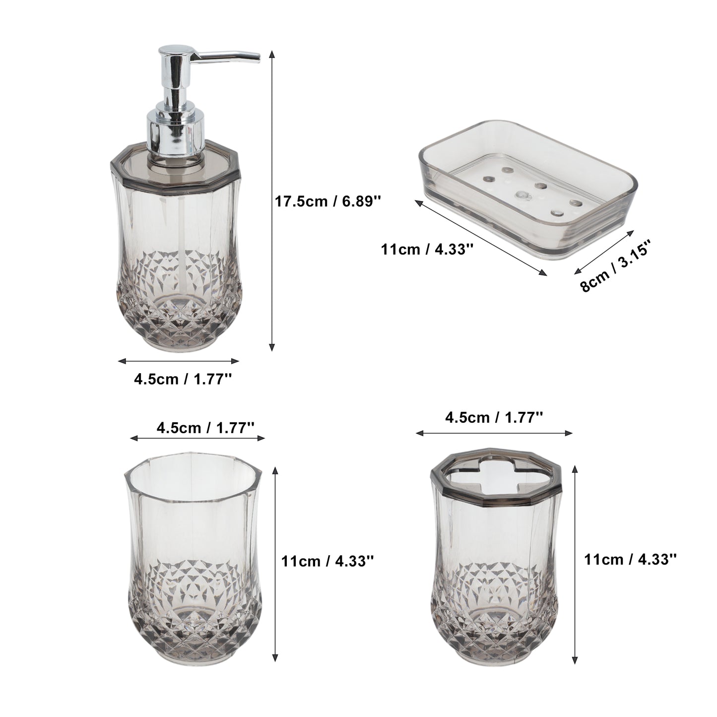 4 Pcs Set Durable Clear Bathroom Accessories Kit for Home Transparent Black
