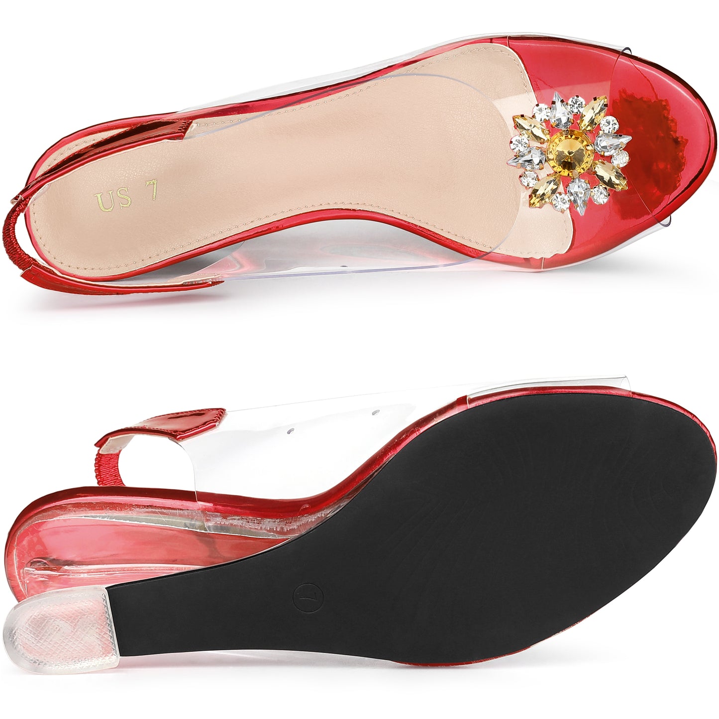 Women's Peep Toe Rhinestone Clear Wedges Heels Sandals