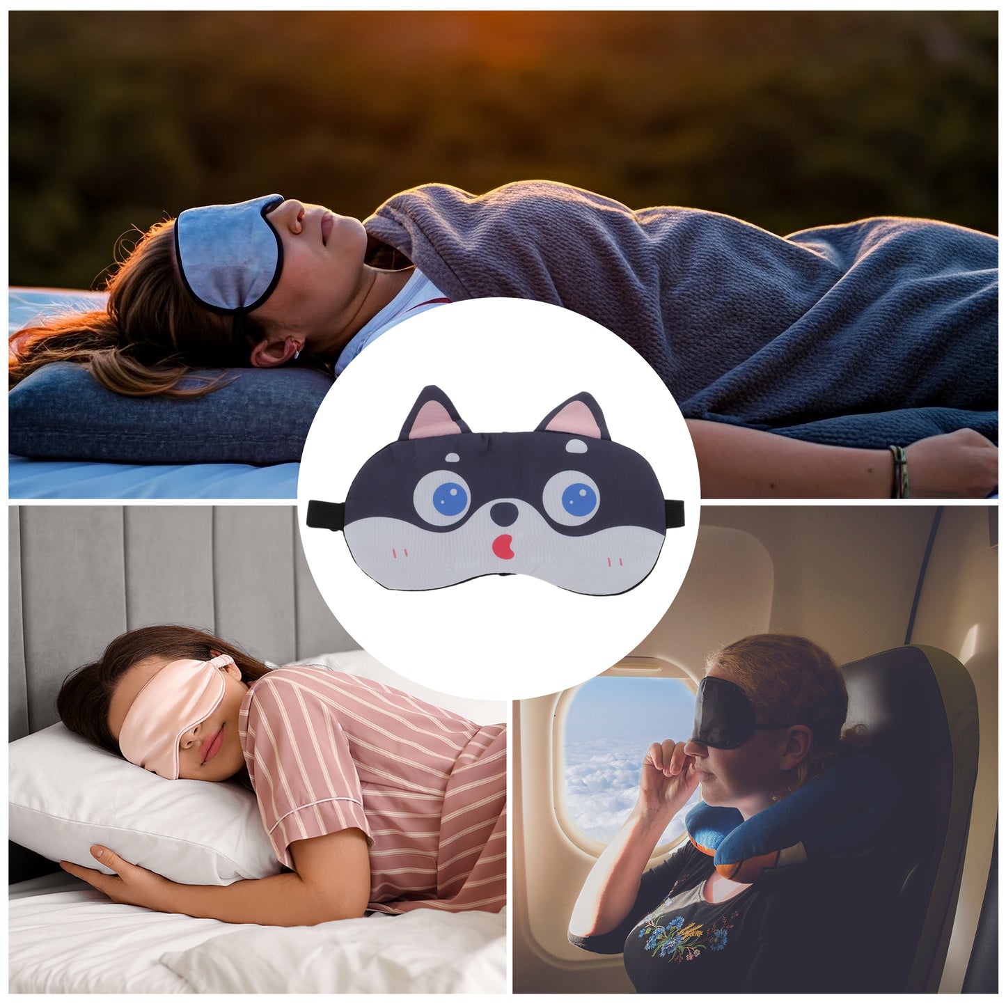 Portable Cartoon Husky Sleep Mask for Travel for Rest Black