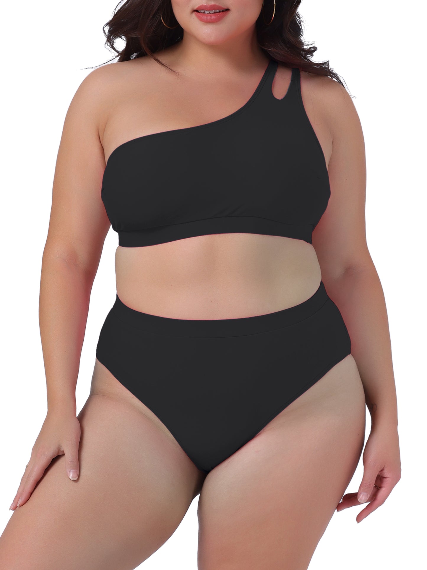 Traje de baño de dos piezas con escote halter y un hombro descubierto para mujer, talla grande, cintura alta