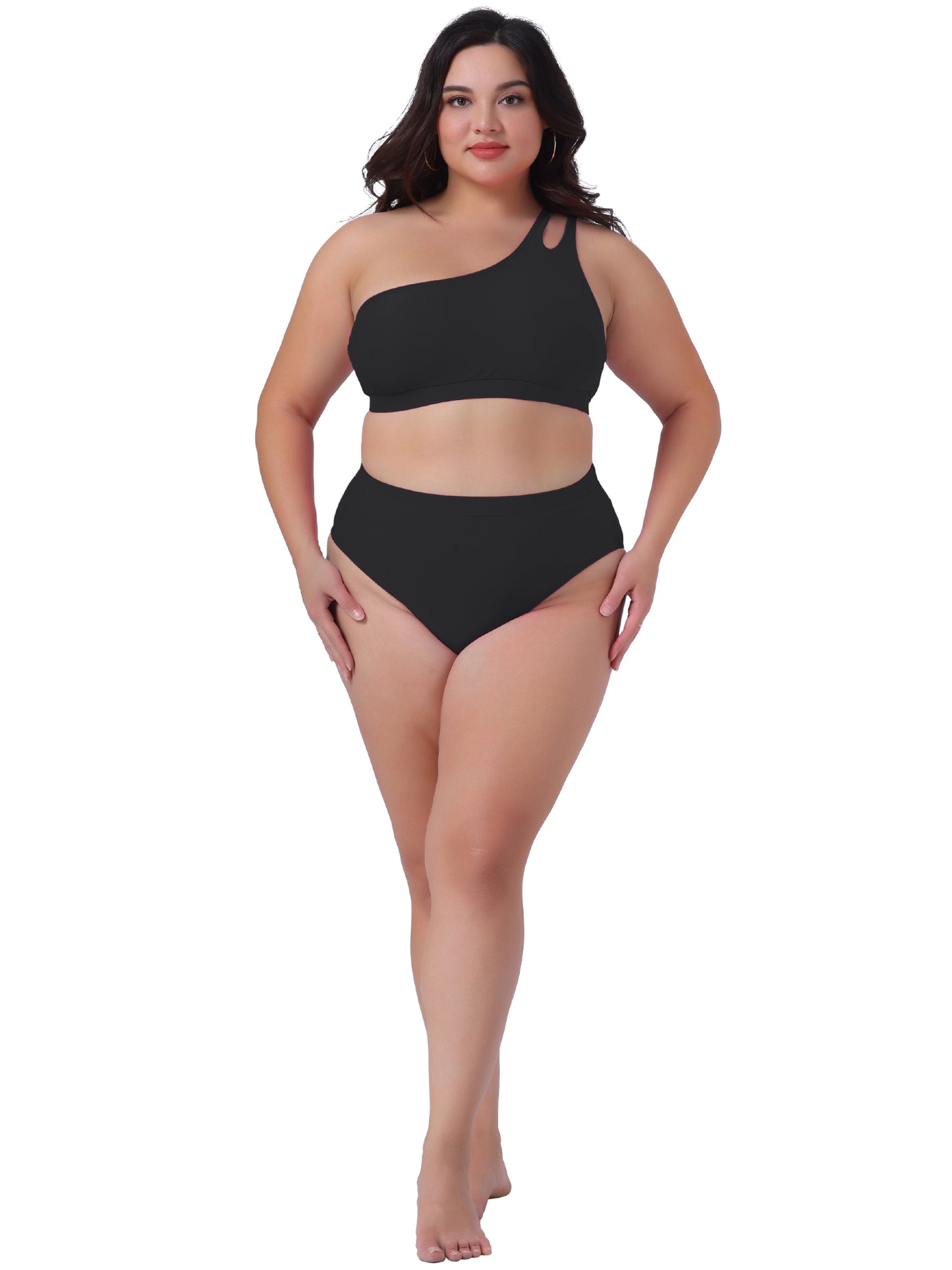 Traje de baño de dos piezas con escote halter y un hombro descubierto para mujer, talla grande, cintura alta