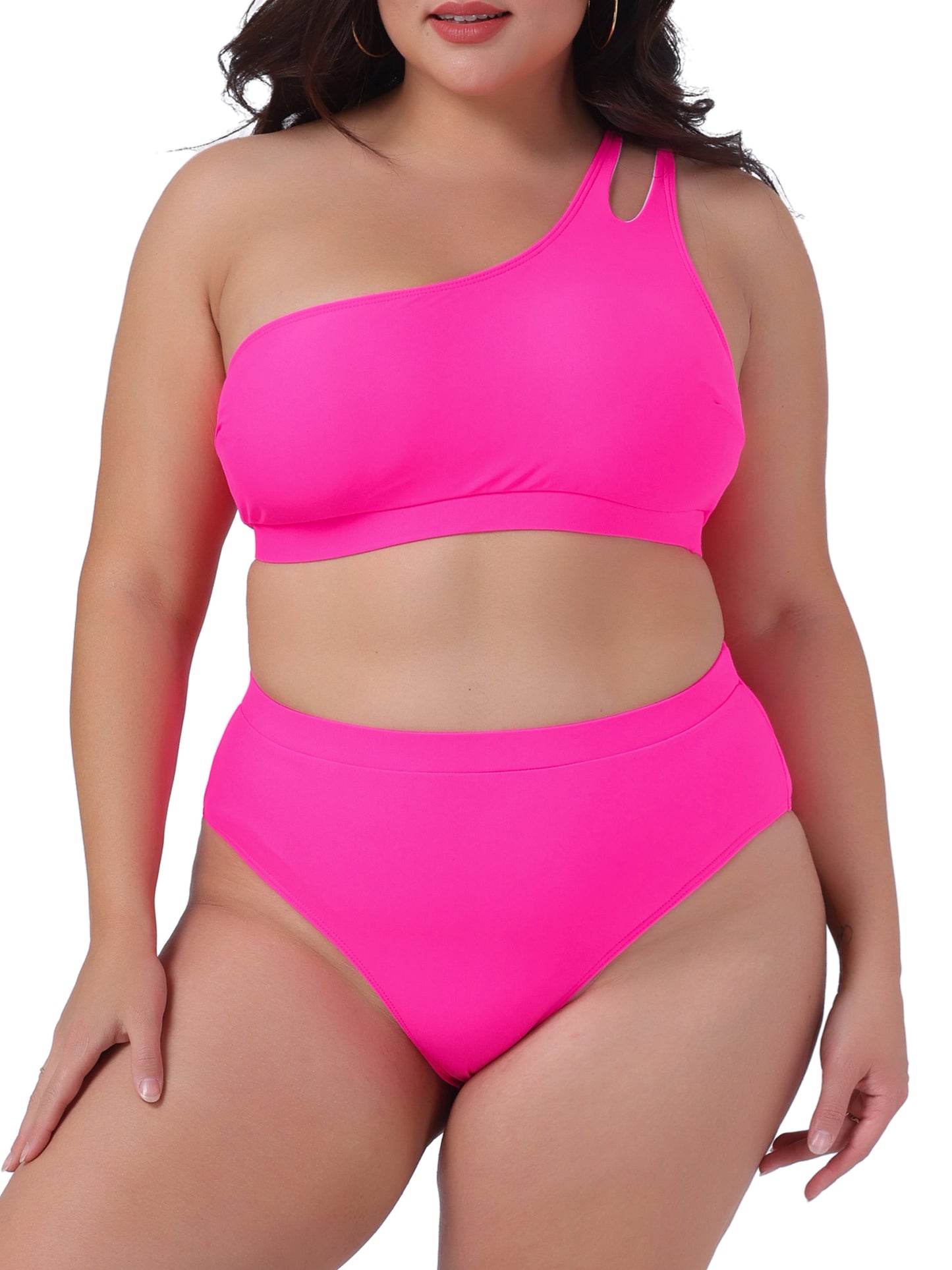 Traje de baño de dos piezas con escote halter y un hombro descubierto para mujer, talla grande, cintura alta