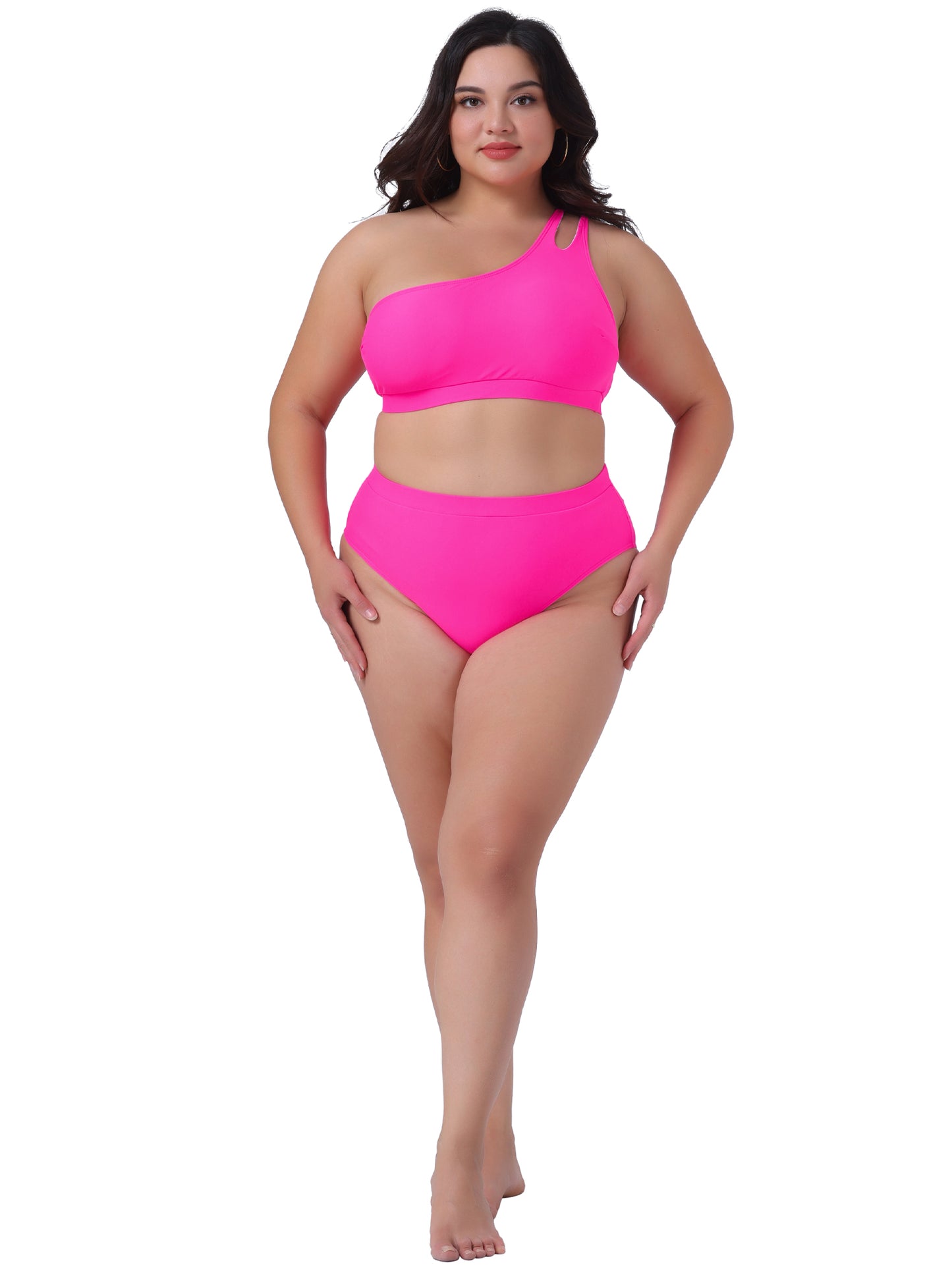 Traje de baño de dos piezas con escote halter y un hombro descubierto para mujer, talla grande, cintura alta