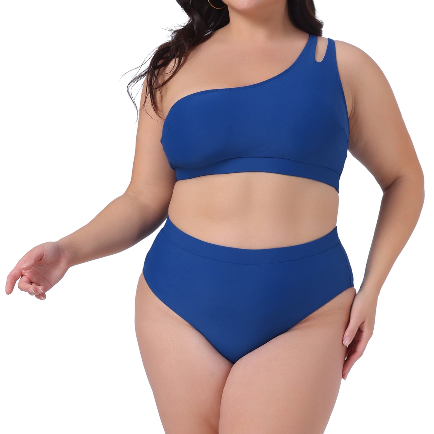 Traje de baño de dos piezas con escote halter y un hombro descubierto para mujer, talla grande, cintura alta