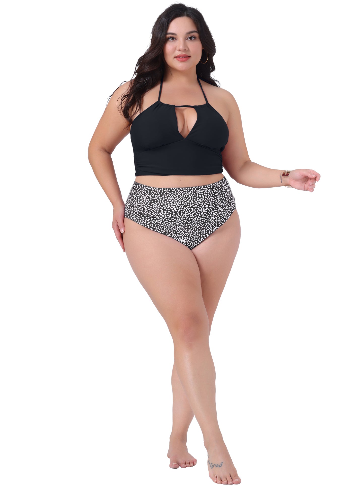 Conjunto de traje de baño de dos piezas para mujer, talla grande, con cuello halter y lunares fruncidos, cintura alta