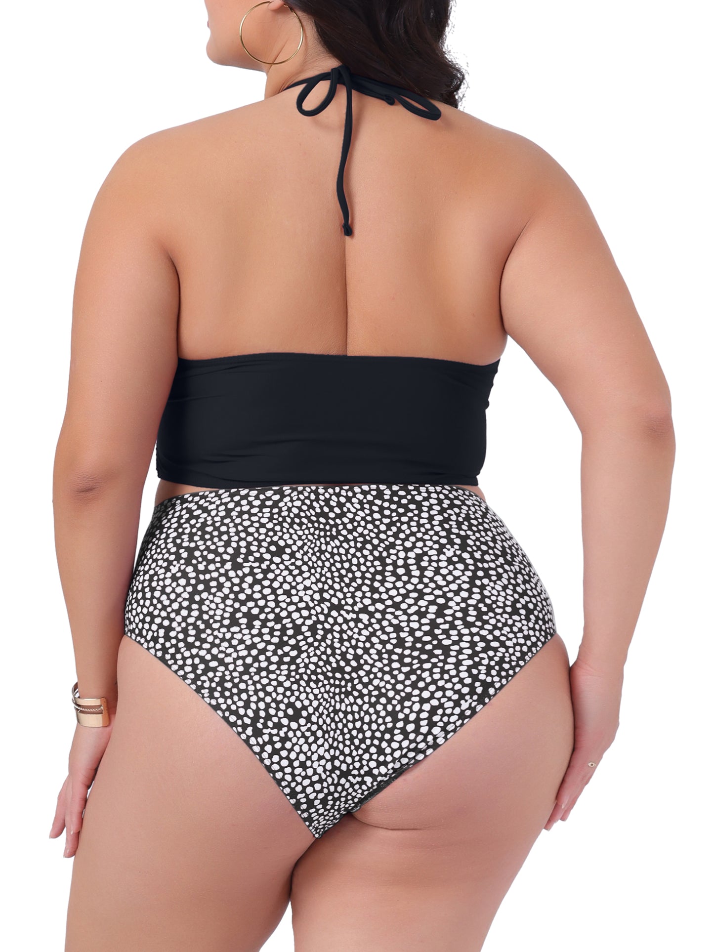 Conjunto de traje de baño de dos piezas para mujer, talla grande, con cuello halter y lunares fruncidos, cintura alta