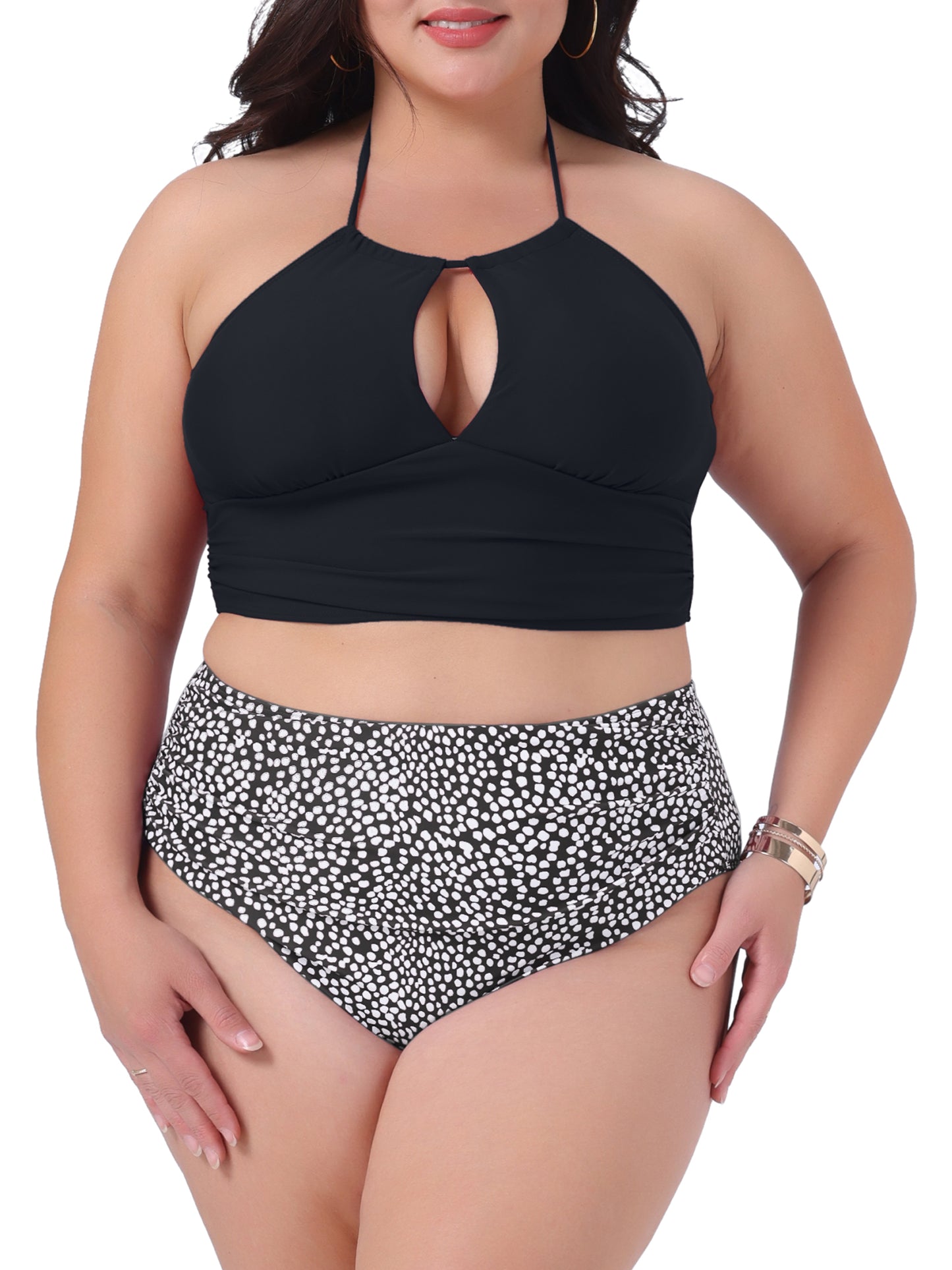 Conjunto de traje de baño de dos piezas para mujer, talla grande, con cuello halter y lunares fruncidos, cintura alta