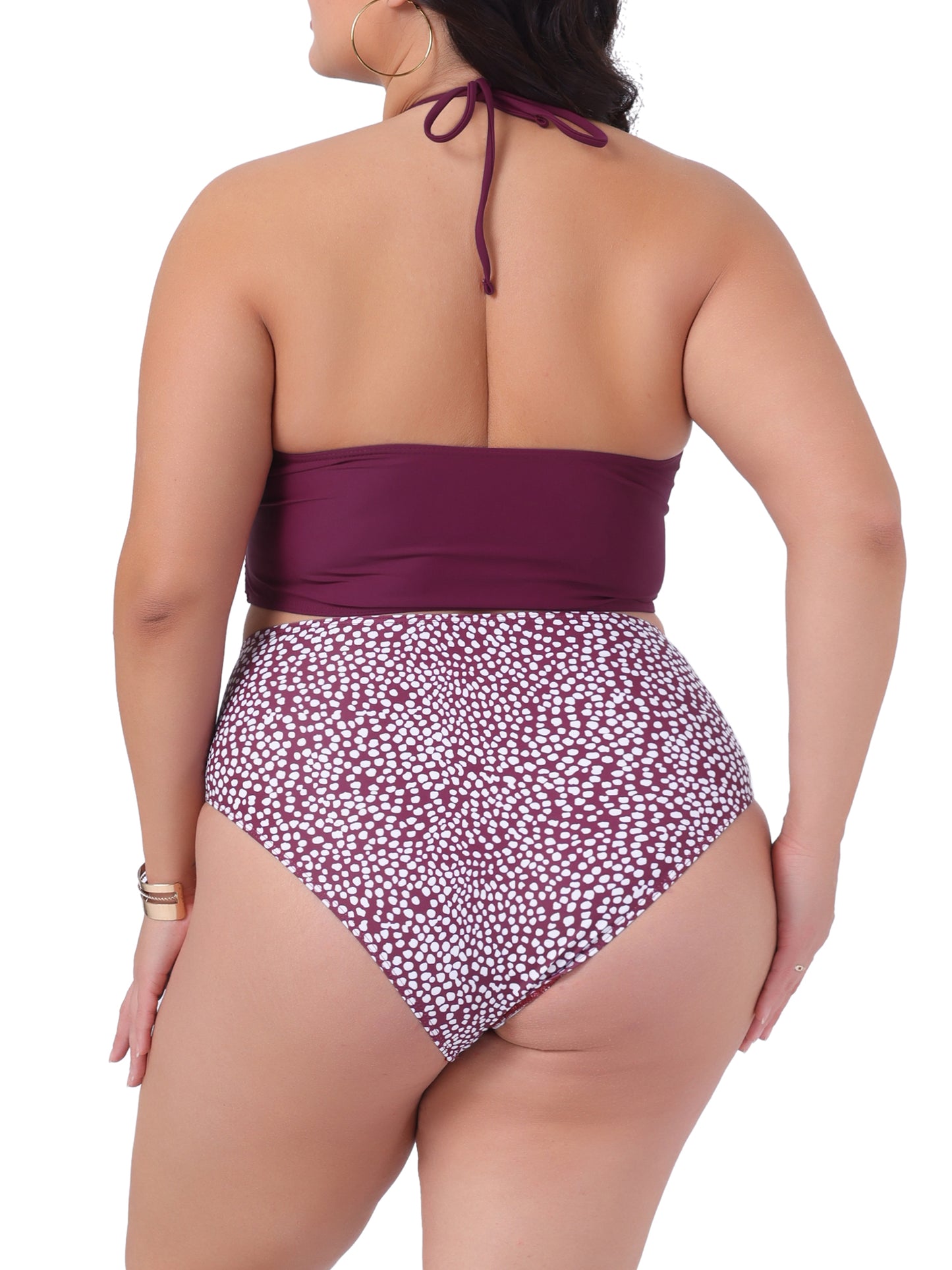 Conjunto de traje de baño de dos piezas para mujer, talla grande, con cuello halter y lunares fruncidos, cintura alta