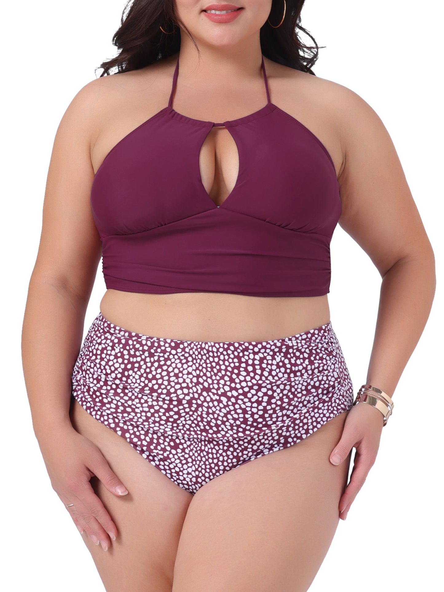 Conjunto de traje de baño de dos piezas para mujer, talla grande, con cuello halter y lunares fruncidos, cintura alta
