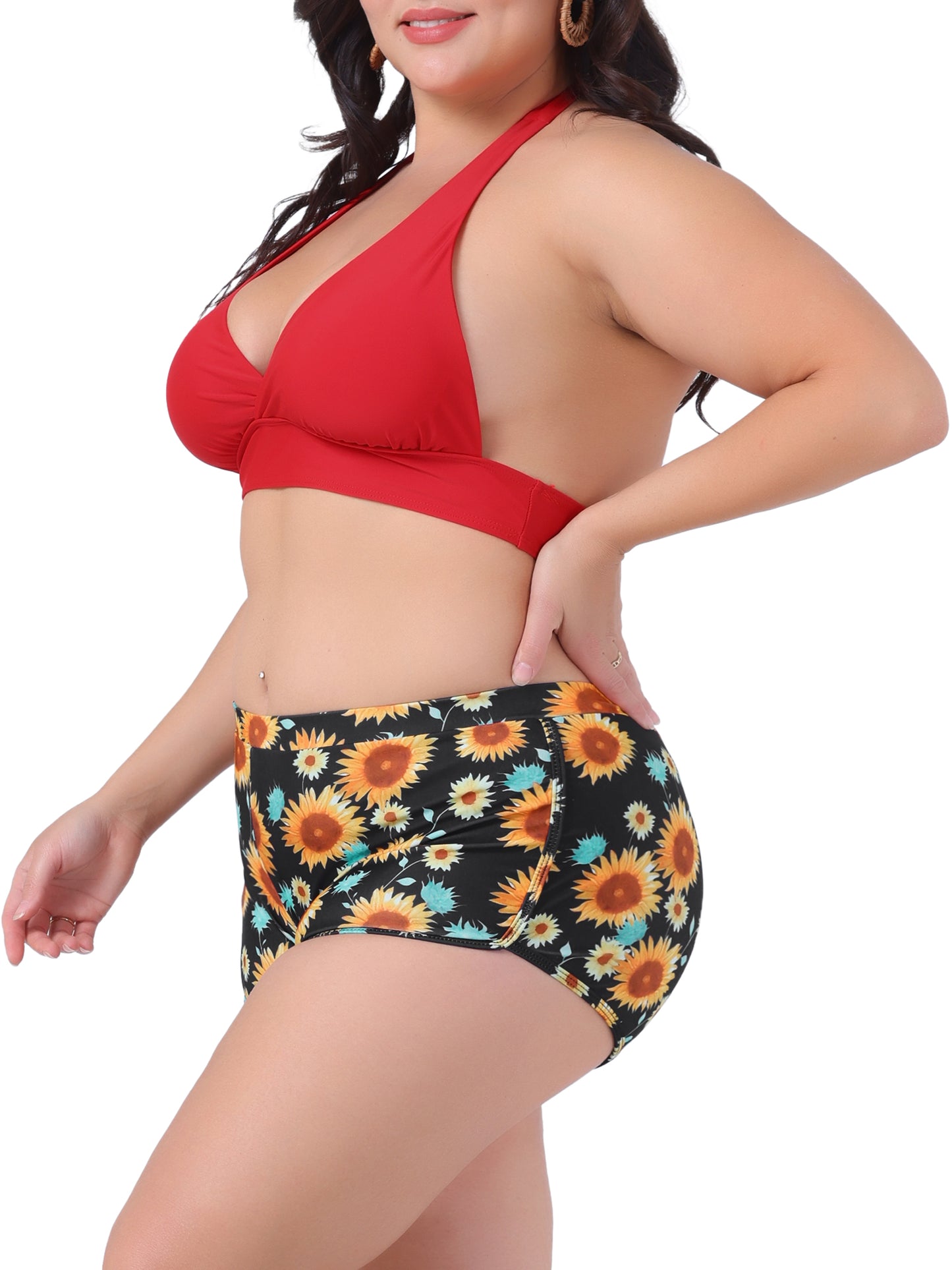 Traje de baño de dos piezas con estampado de girasoles y cintura alta para mujer