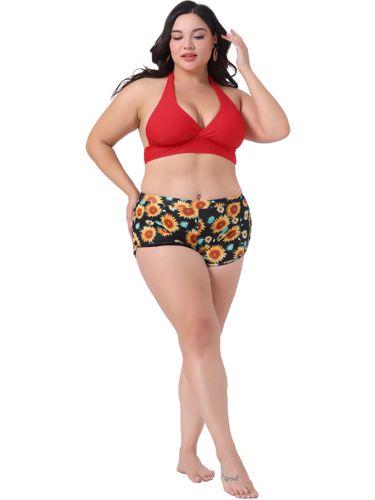 Traje de baño de dos piezas con estampado de girasoles y cintura alta para mujer