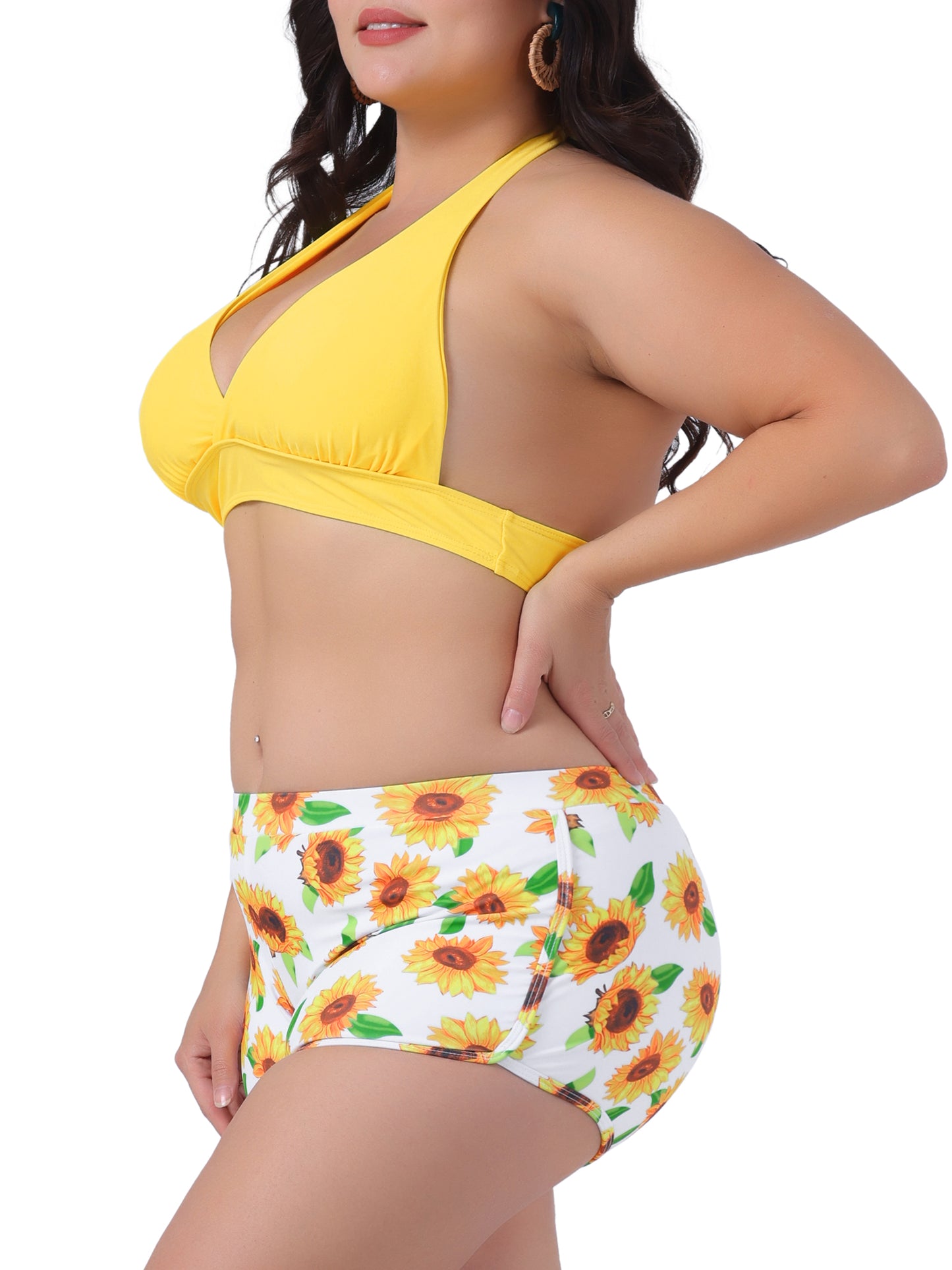 Traje de baño de dos piezas con estampado de girasoles y cintura alta para mujer