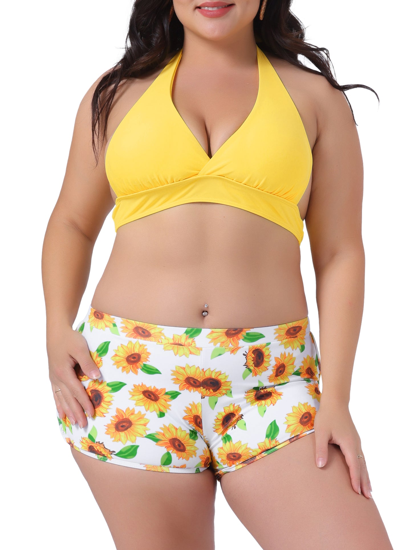 Traje de baño de dos piezas con estampado de girasoles y cintura alta para mujer
