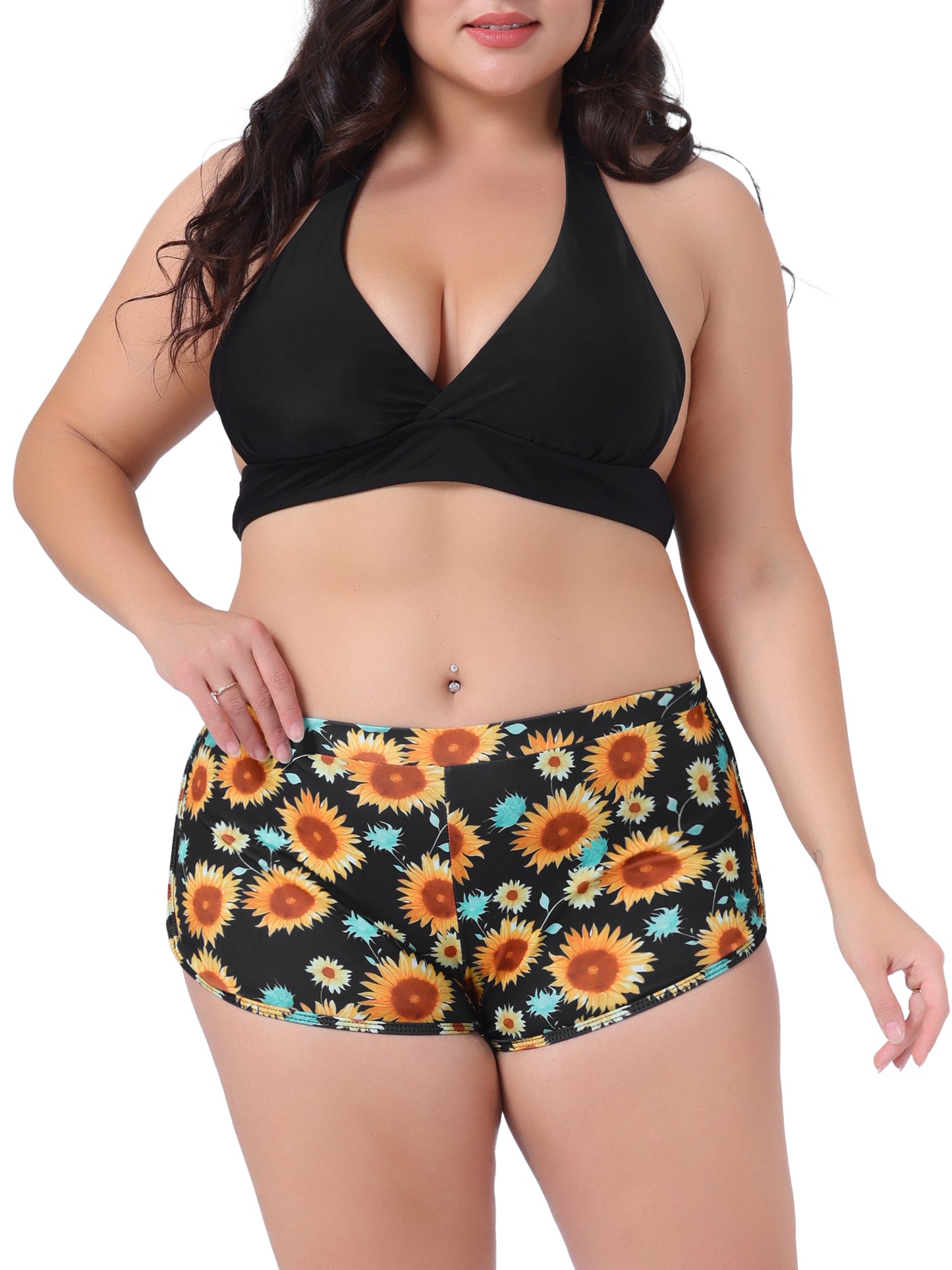 Traje de baño de dos piezas con estampado de girasoles y cintura alta para mujer