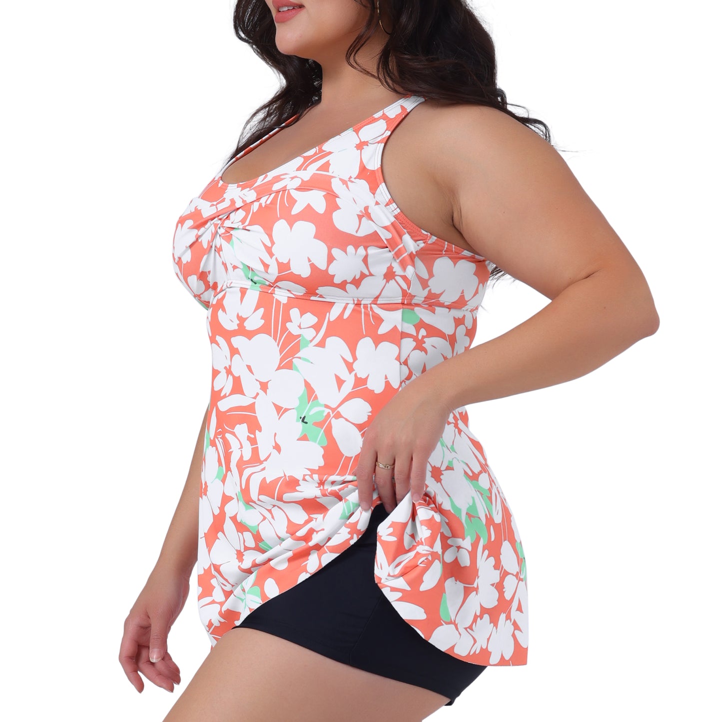 Traje de baño tankini de talla grande para mujer, 2 piezas, cuello en V, floral, blusa holgada con pantalones cortos, traje de baño