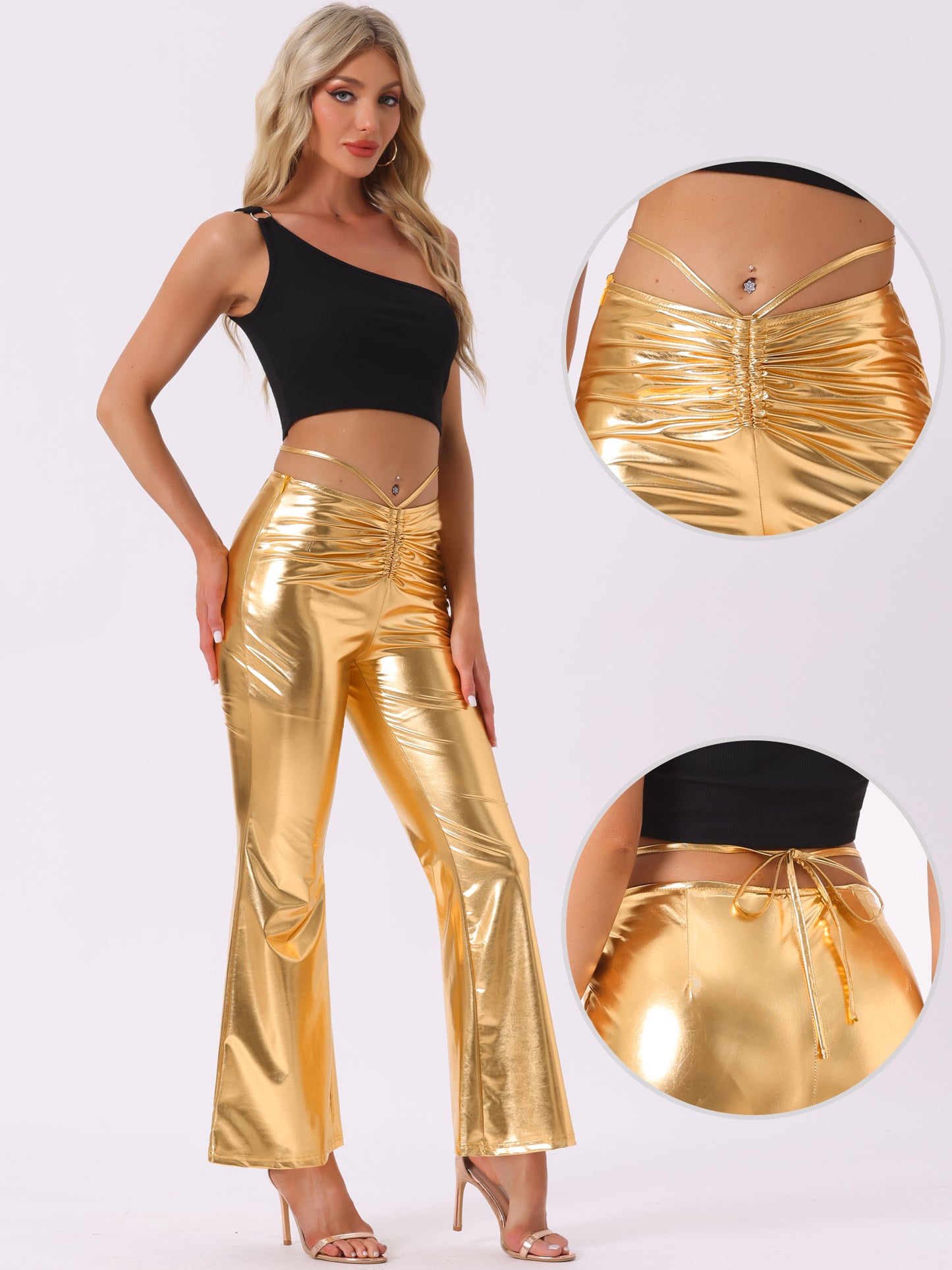 Women's Drawstring Metallic Wide Leg Pants Retro Partywear