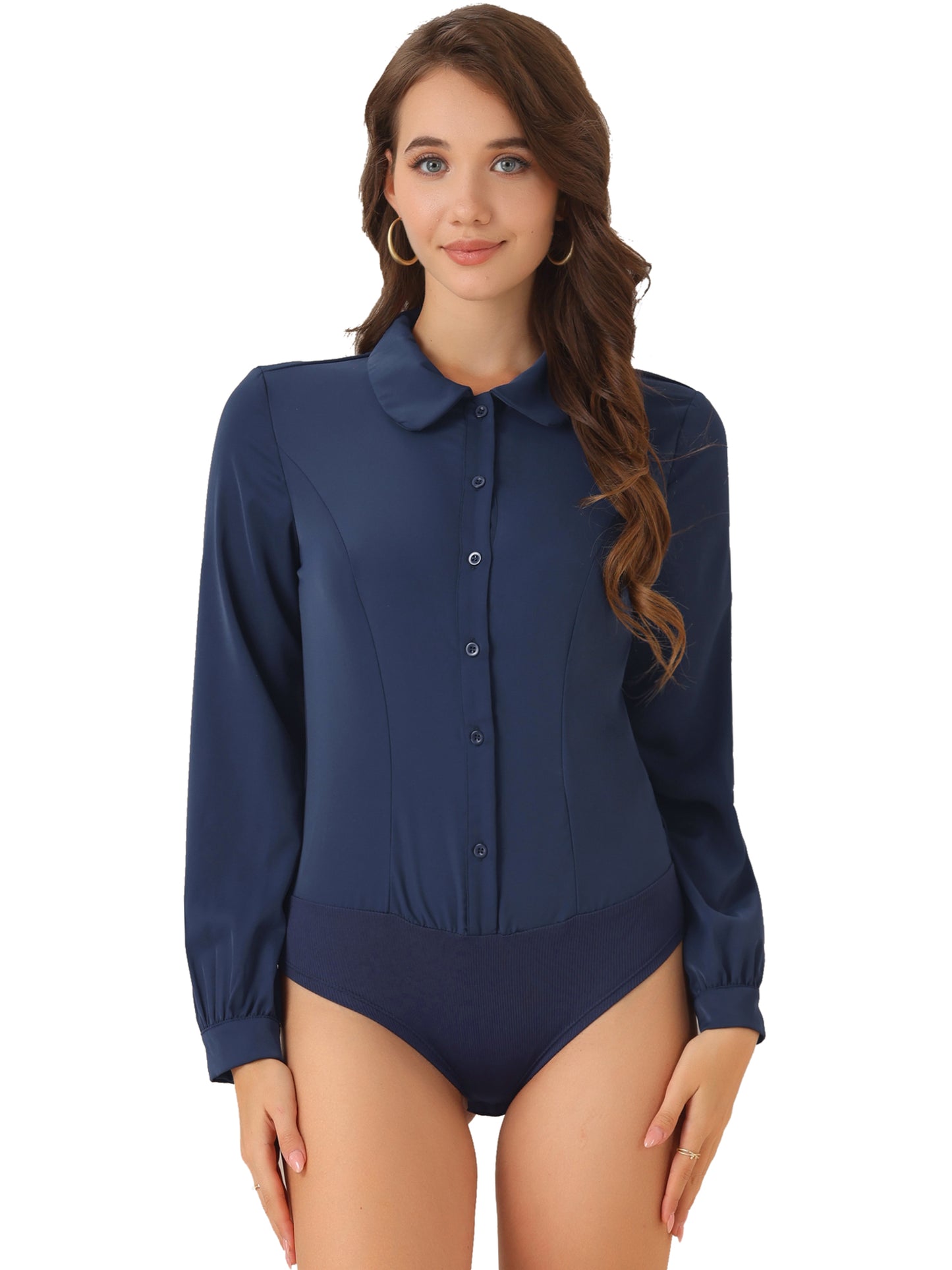 Women's Button Down Leotard Shirt Peter Pen Collar Long Sleeve Business Work Shirt Bodysuit Top