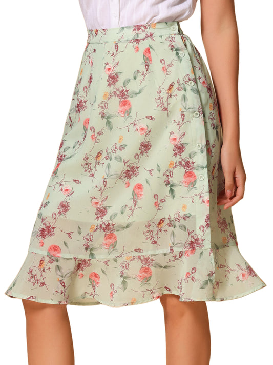 Women's Floral Midi Skirts Summer Ruffle High Waist Flowy A-Line Split Knee Length Skirt