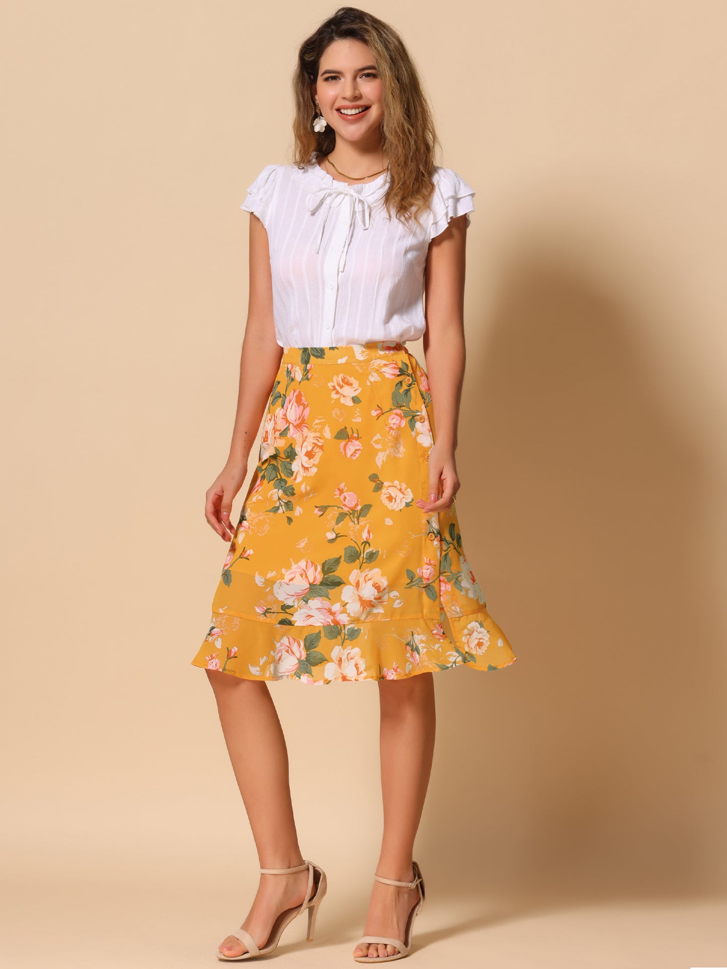 Faldas midi florales para mujer, de verano, con volantes, cintura alta, fluidas, corte A, con abertura hasta la rodilla