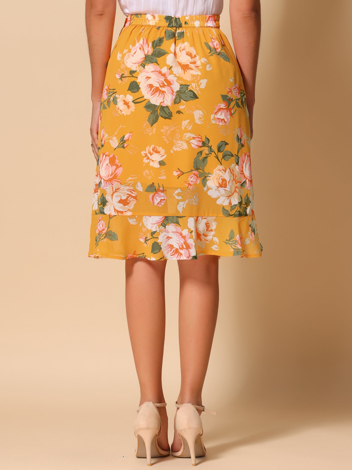 Faldas midi florales para mujer, de verano, con volantes, cintura alta, fluidas, corte A, con abertura hasta la rodilla