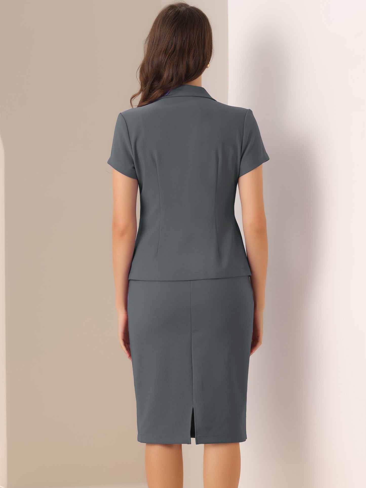 Women's Business Skirt Suit Set Work Office Short Sleeve Blazer Jacket Pencil Skirt
