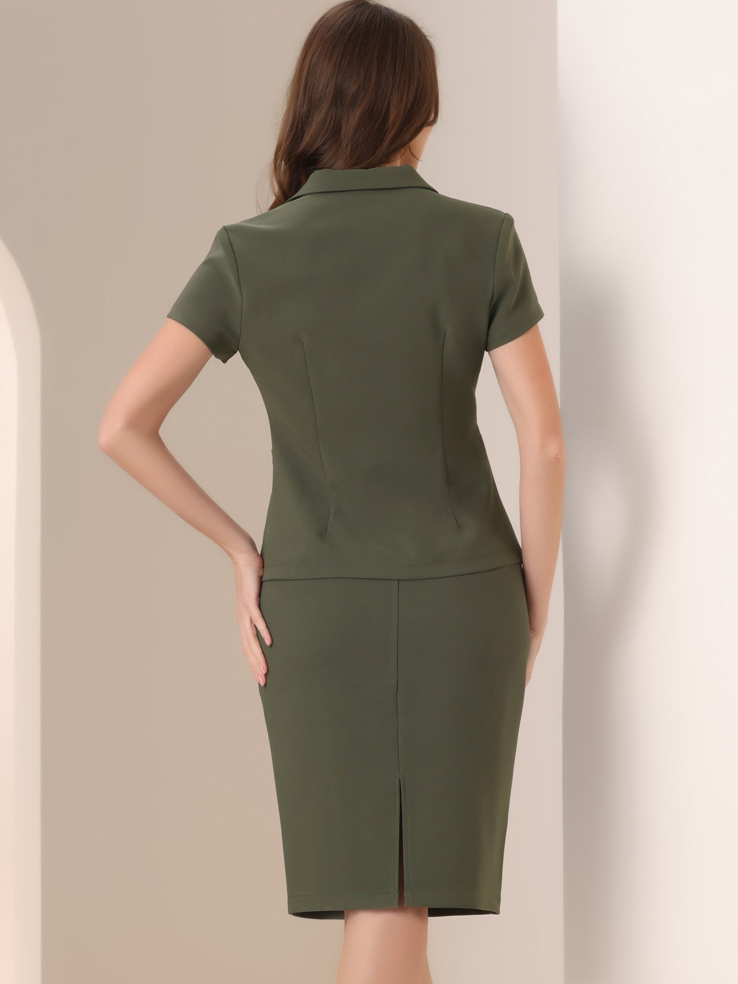 Women's Business Skirt Suit Set Work Office Short Sleeve Blazer Jacket Pencil Skirt
