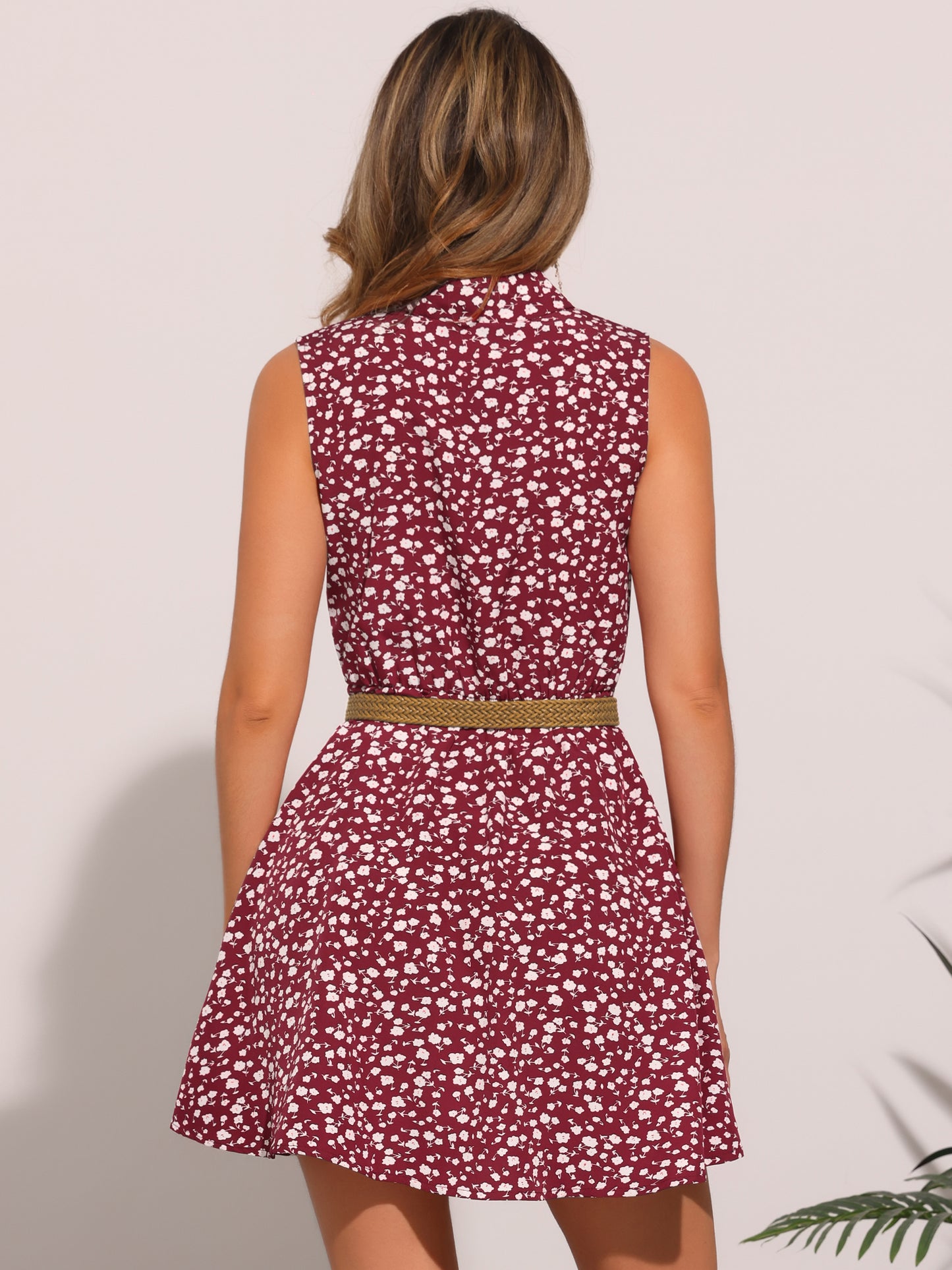 Women's Floral Printed Half Placket Above Knee Summer Sleeveless Belted Dress
