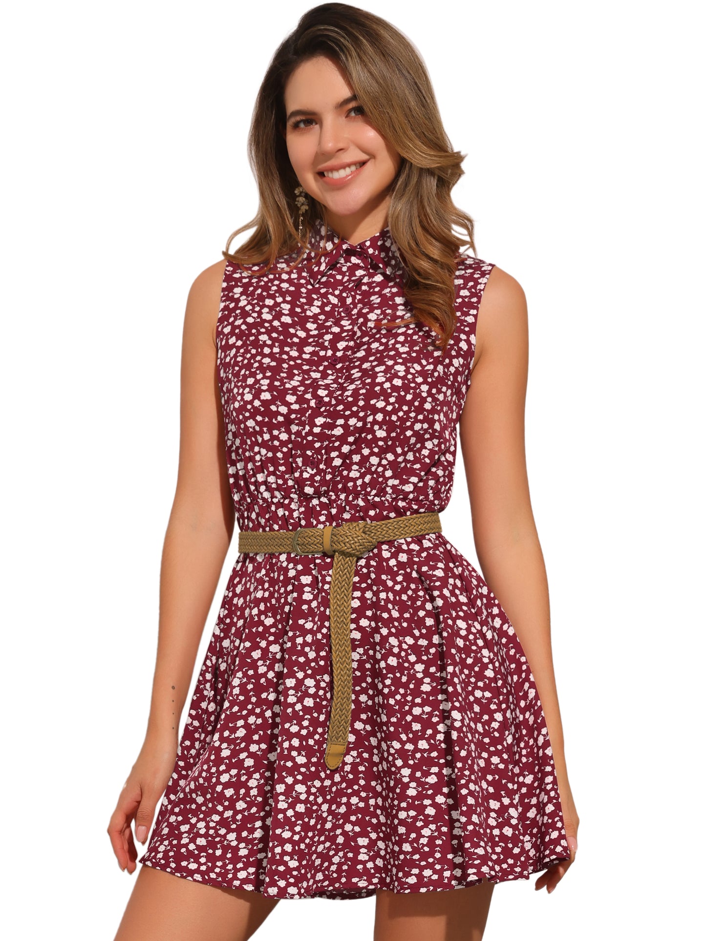 Women's Floral Printed Half Placket Above Knee Summer Sleeveless Belted Dress