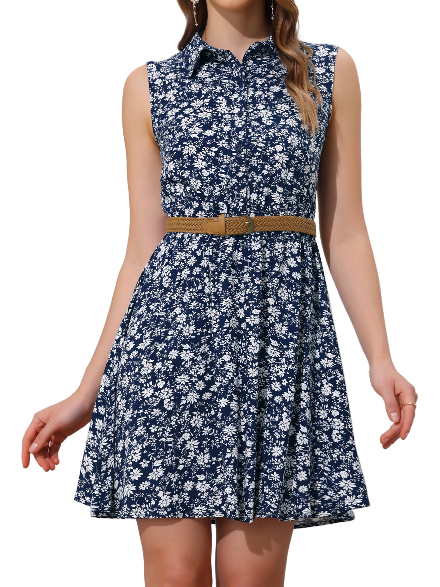 Women's Floral Printed Half Placket Above Knee Summer Sleeveless Belted Dress
