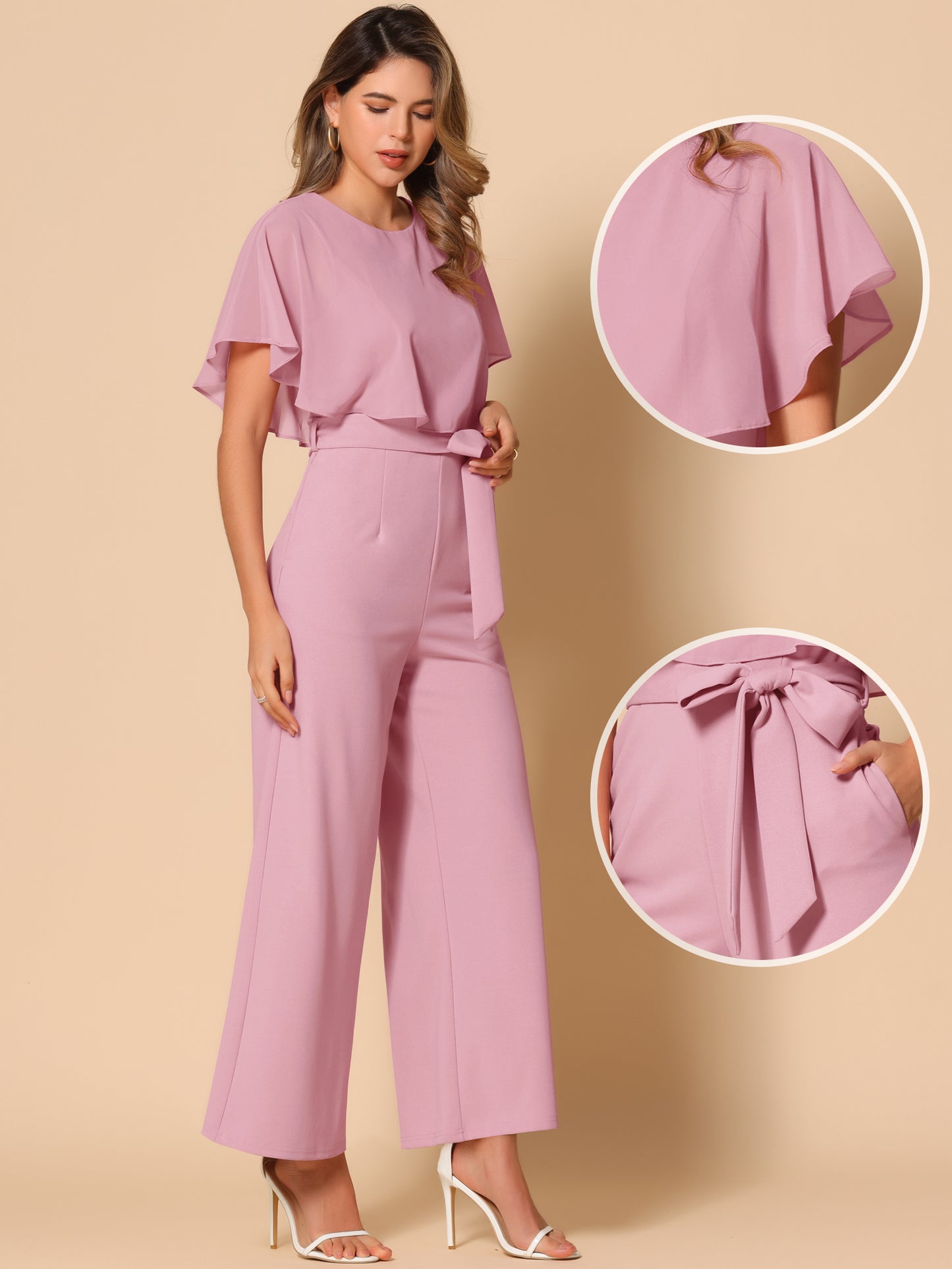 Women's Dressy Casual Tie Waist Wide Leg Pants Ruffle Sleeve Jumpsuit