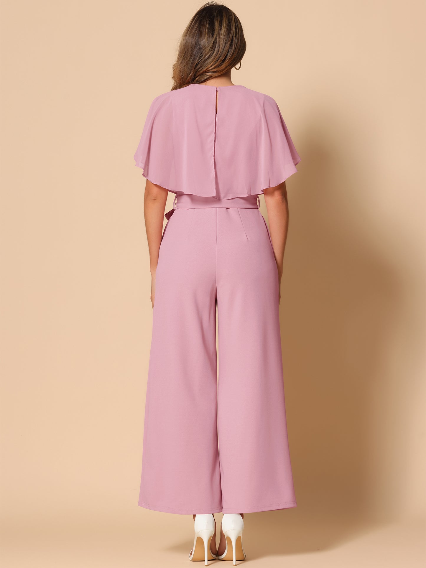 Women's Dressy Casual Tie Waist Wide Leg Pants Ruffle Sleeve Jumpsuit