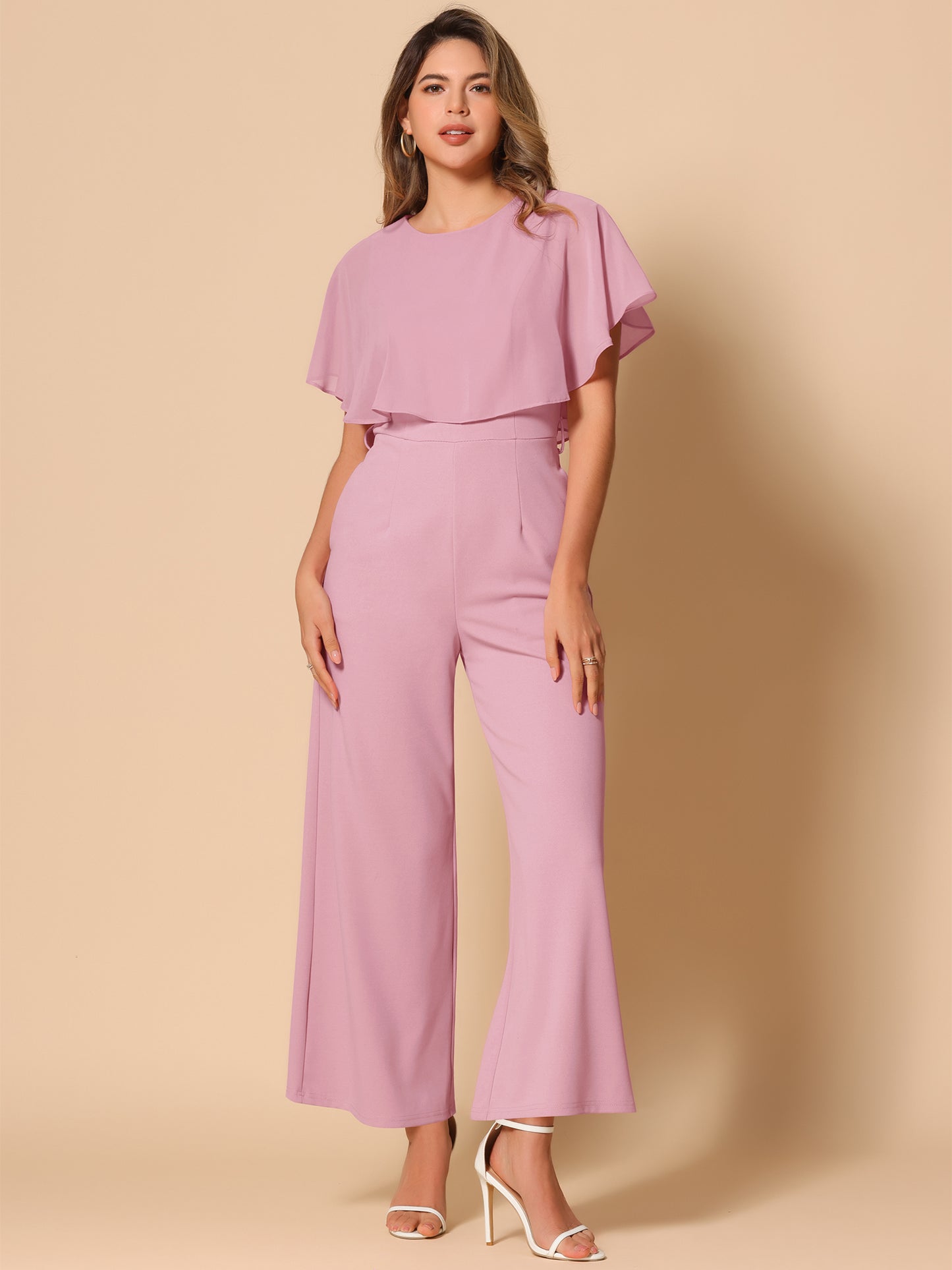 Women's Dressy Casual Tie Waist Wide Leg Pants Ruffle Sleeve Jumpsuit